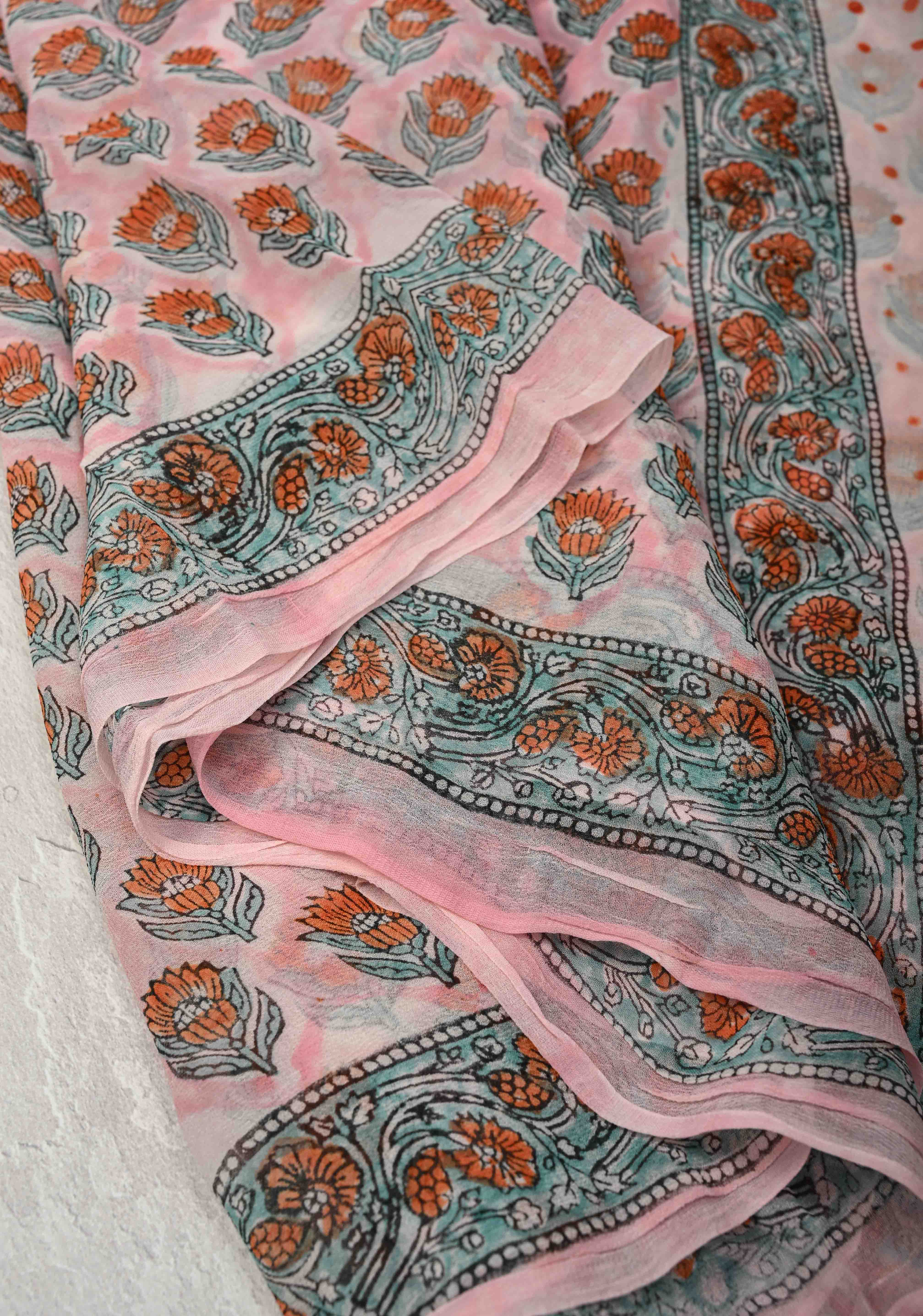 Baby Pink Georgette Saree with Sanganeri Hand Block Print | Shobitam