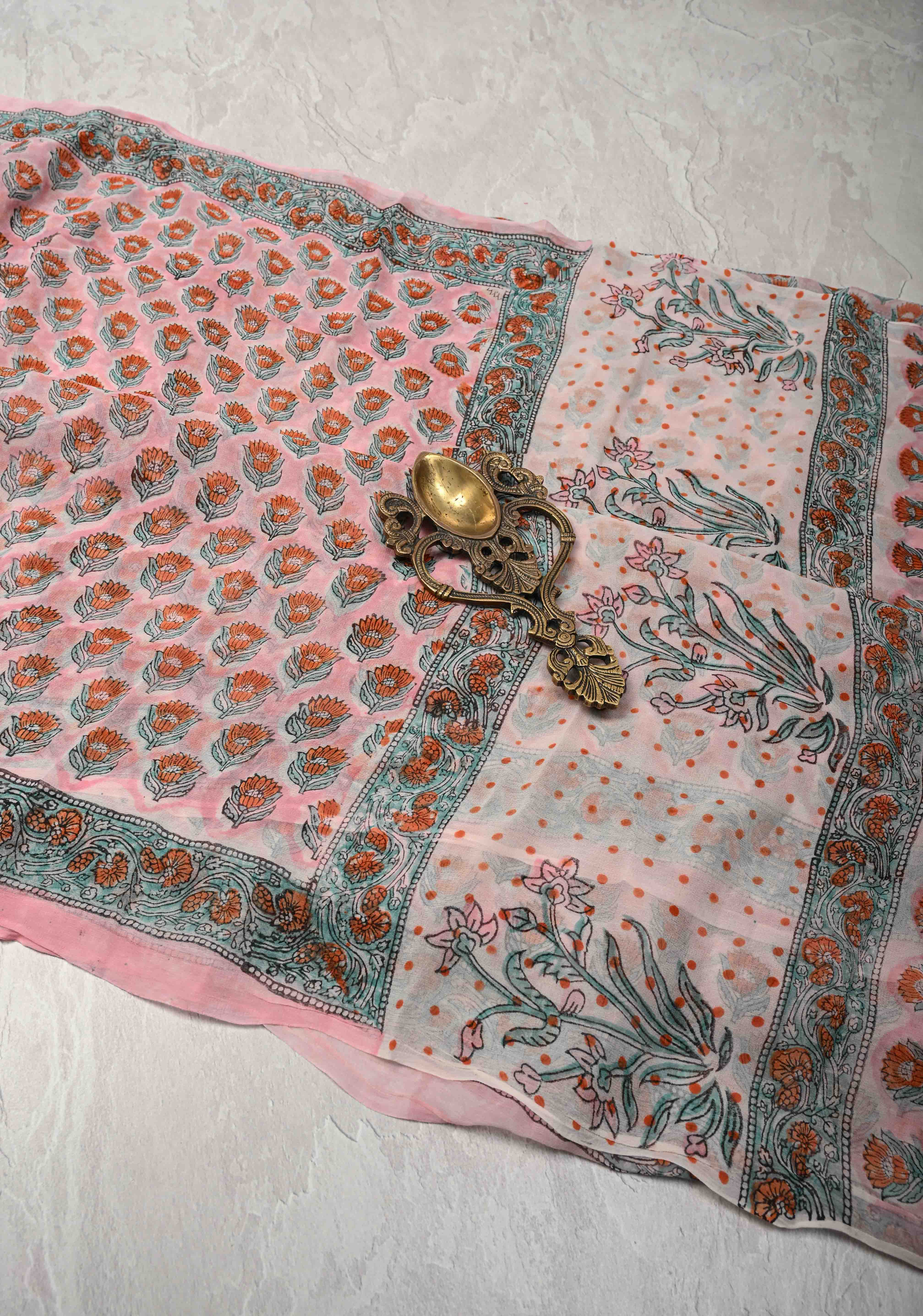 Baby Pink Georgette Saree with Sanganeri Hand Block Print | Shobitam