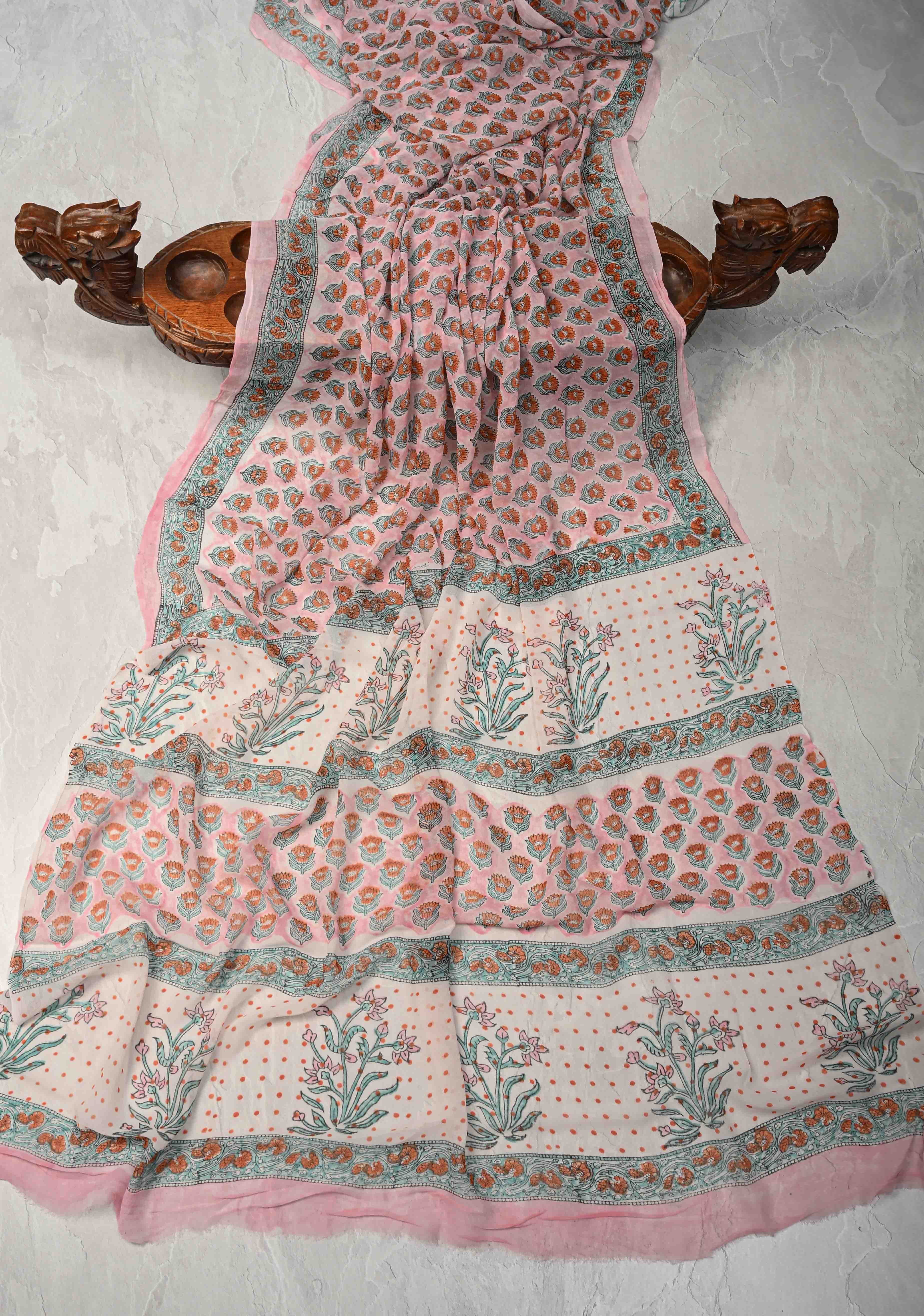 Baby Pink Georgette Saree with Sanganeri Hand Block Print | Shobitam