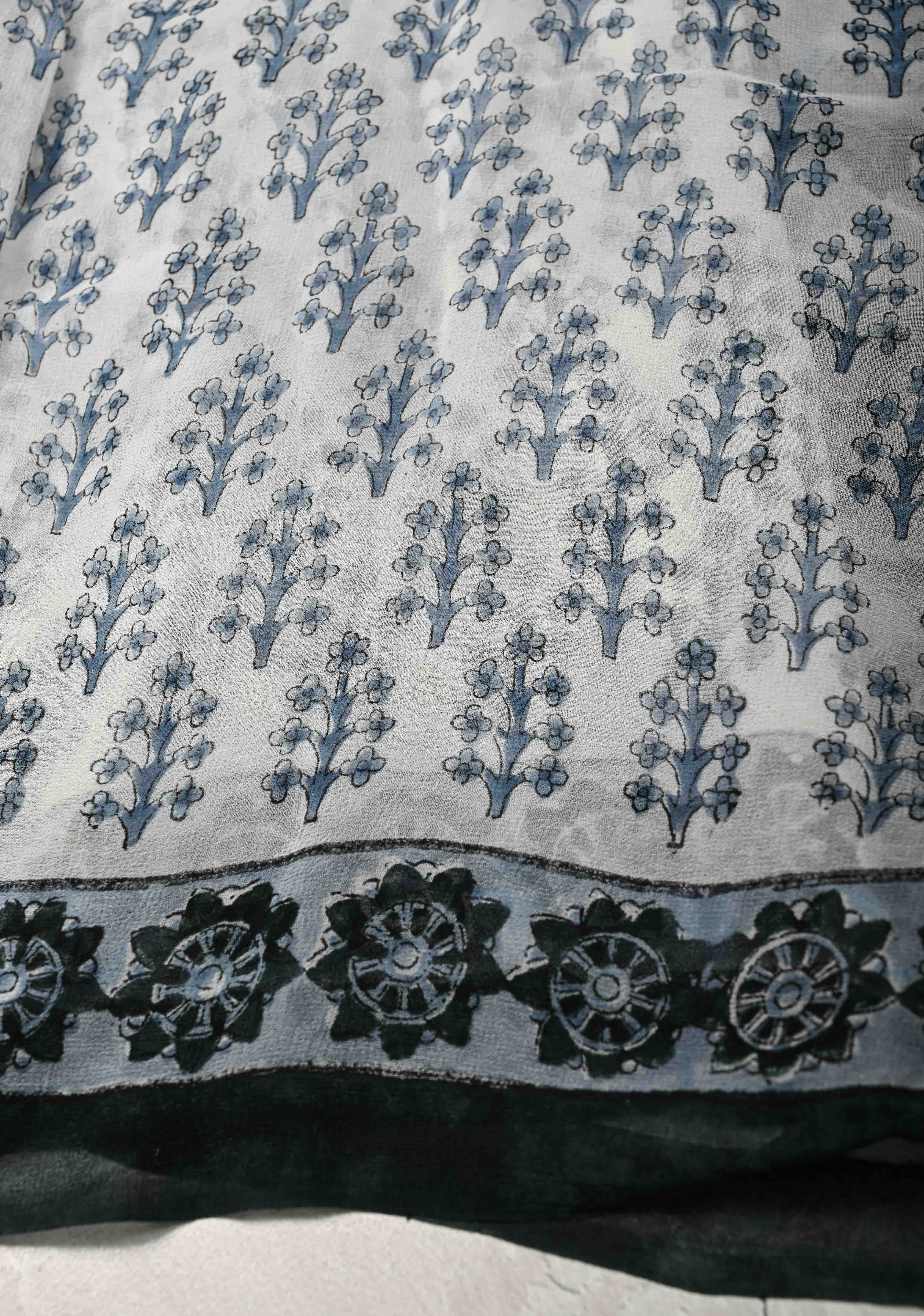 Green Georgette Saree with Sanganeri Hand Block Print | SHOBITAM