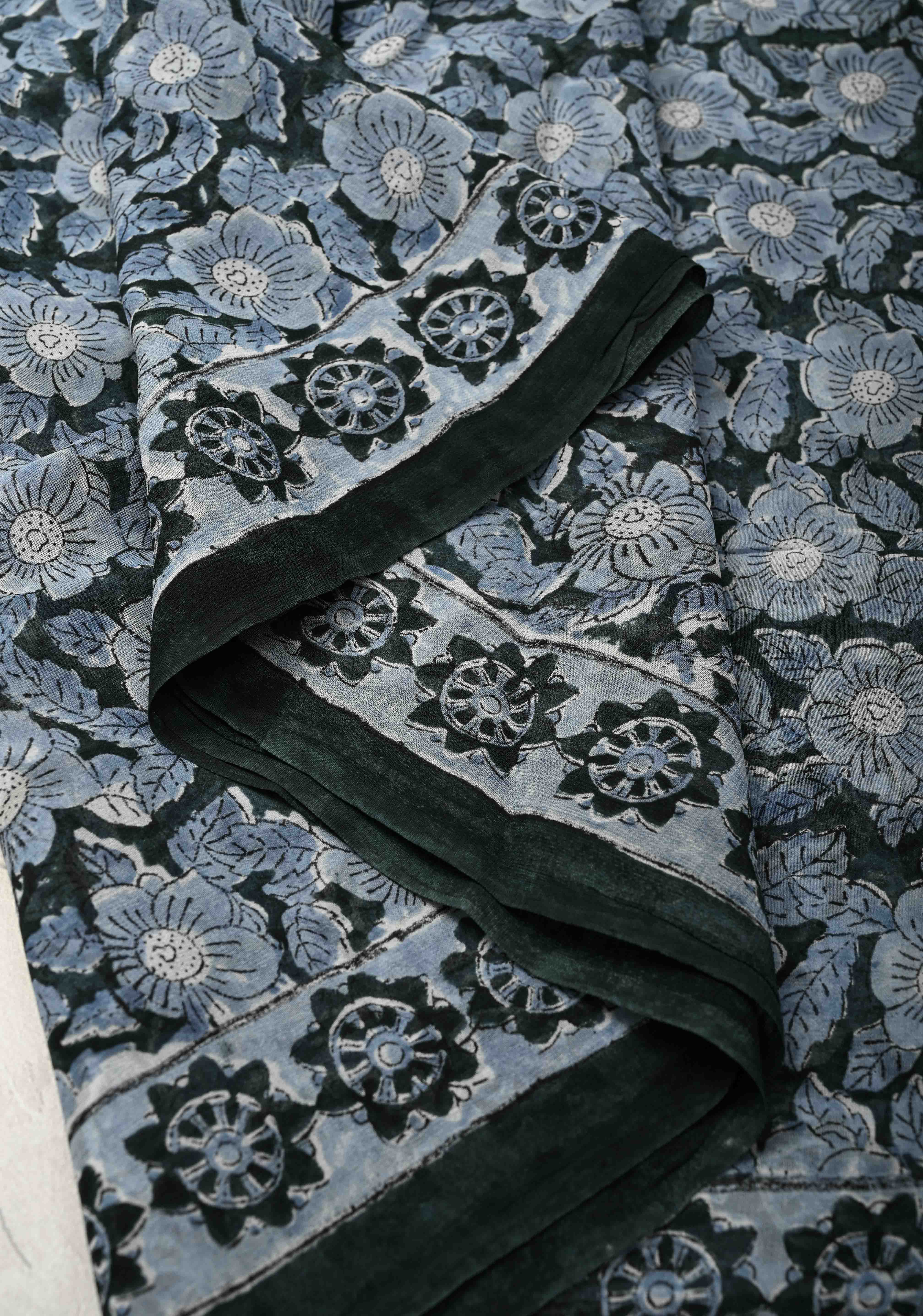 Green Georgette Saree with Sanganeri Hand Block Print | SHOBITAM