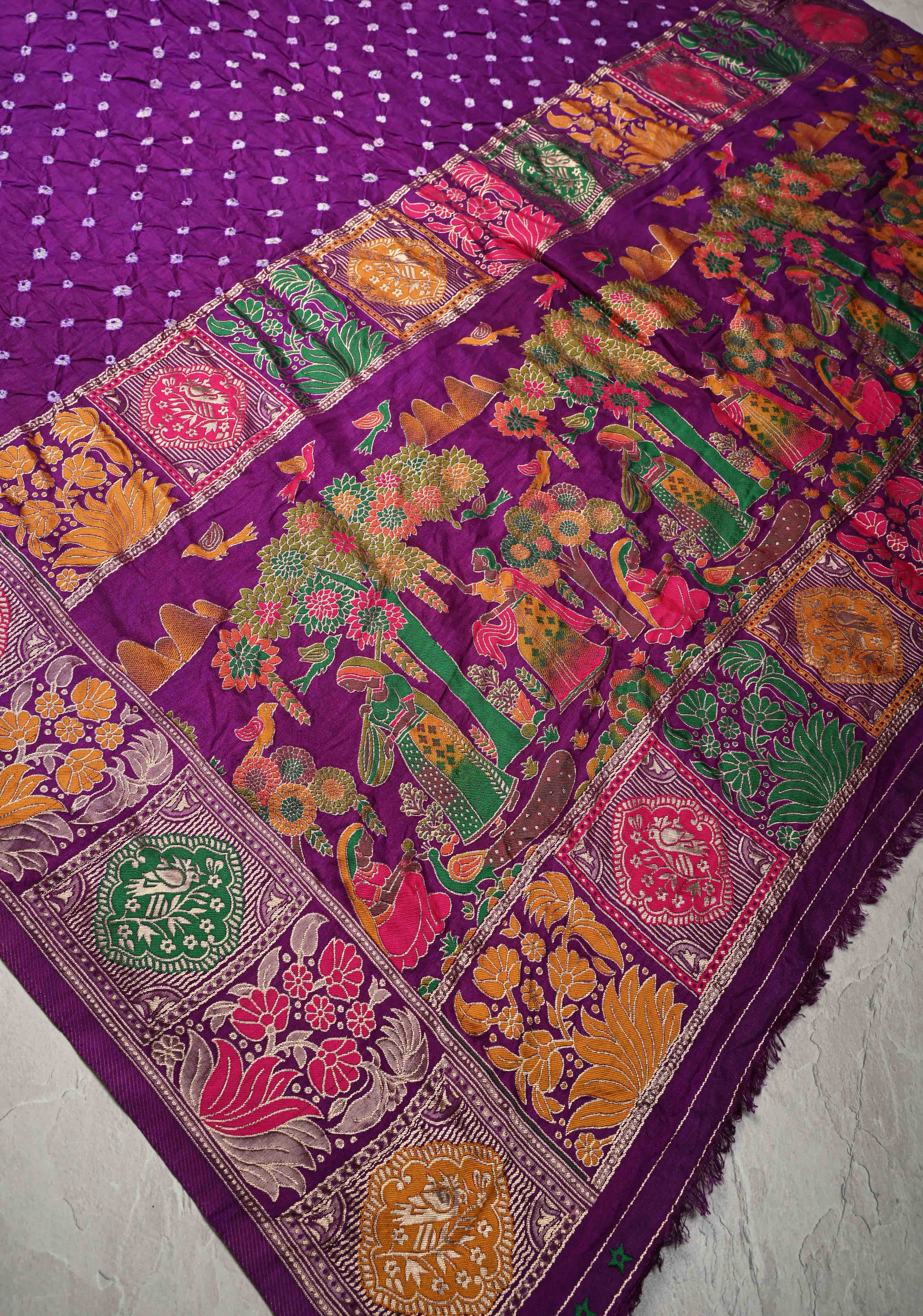 Dark Purple Crushed Bandhani on Art Silk Saree with Meenakari Floral Zari Border and pallu | Shobitam