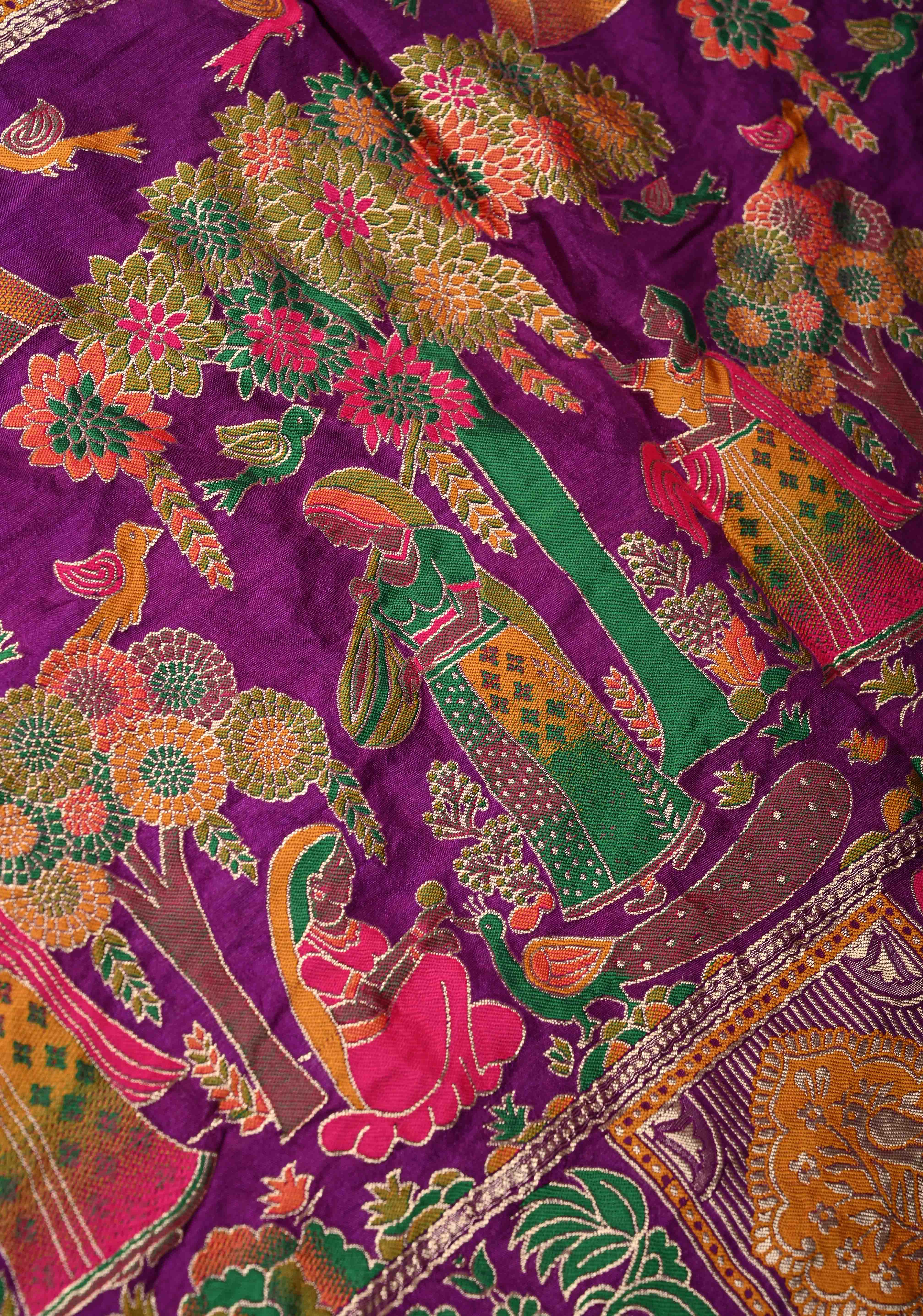 Dark Purple Crushed Bandhani on Art Silk Saree with Meenakari Floral Zari Border and pallu | Shobitam