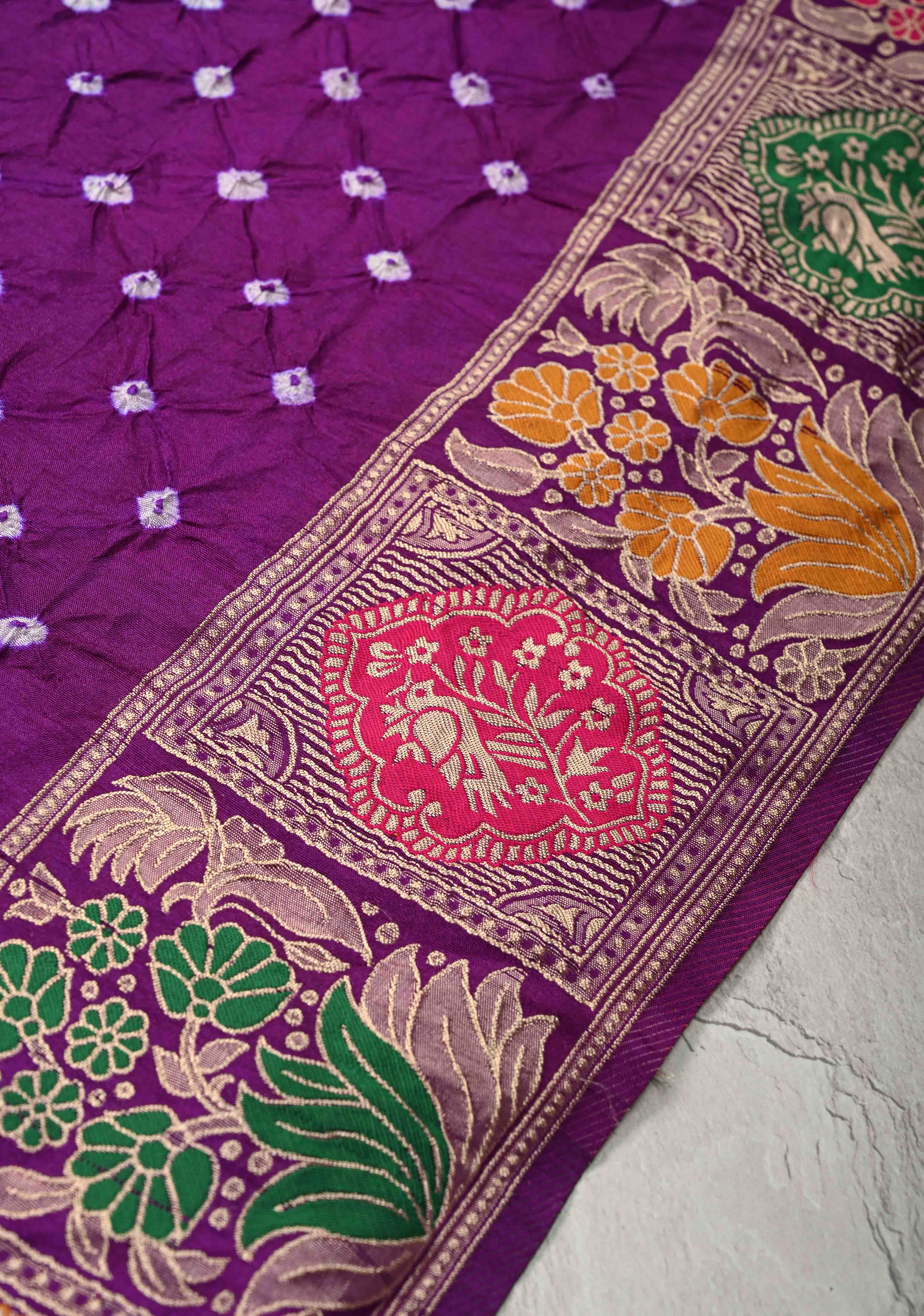 Dark Purple Crushed Bandhani on Art Silk Saree with Meenakari Floral Zari Border and pallu | Shobitam