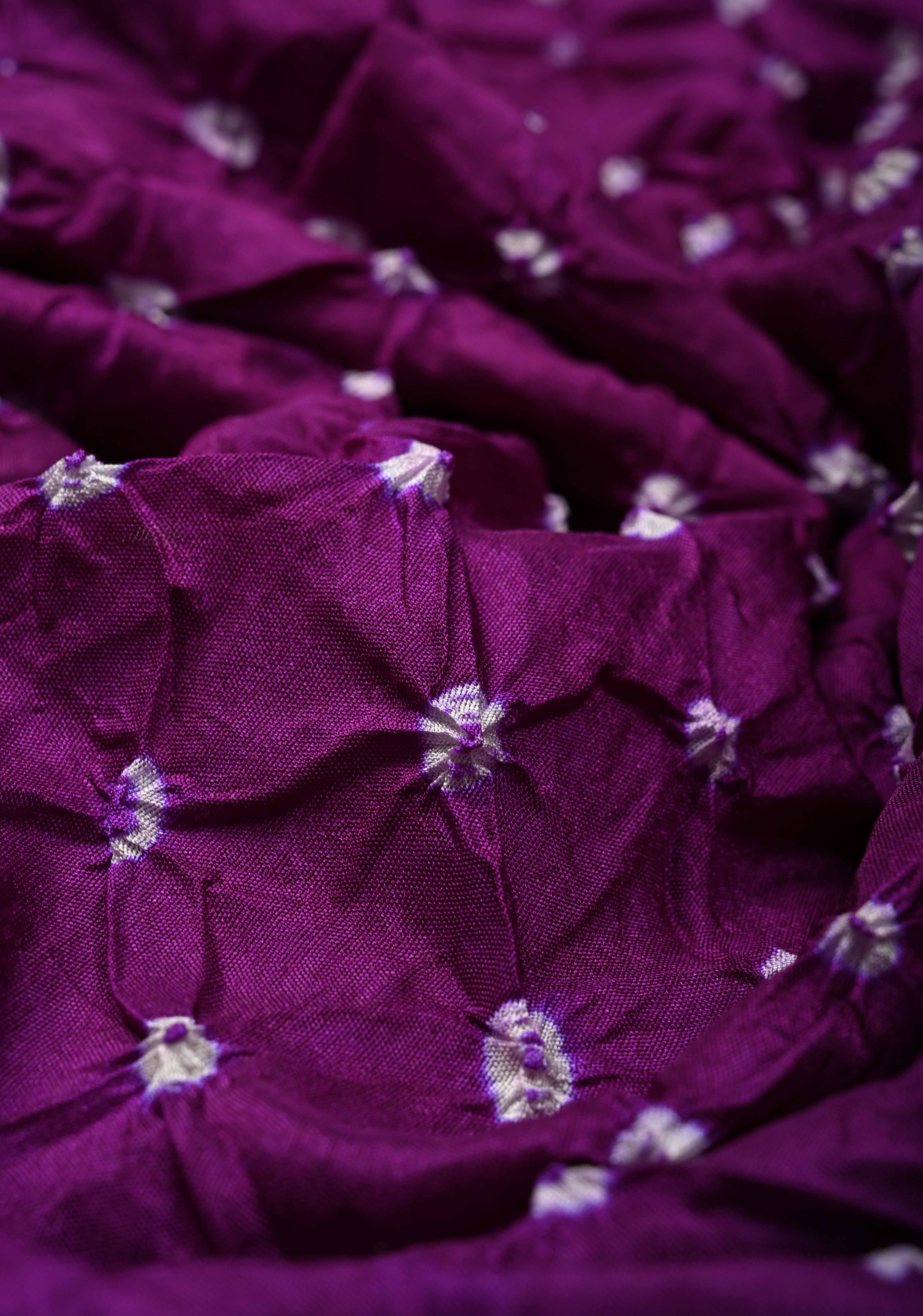 Dark Purple Crushed Bandhani on Art Silk Saree with Meenakari Floral Zari Border and pallu | Shobitam