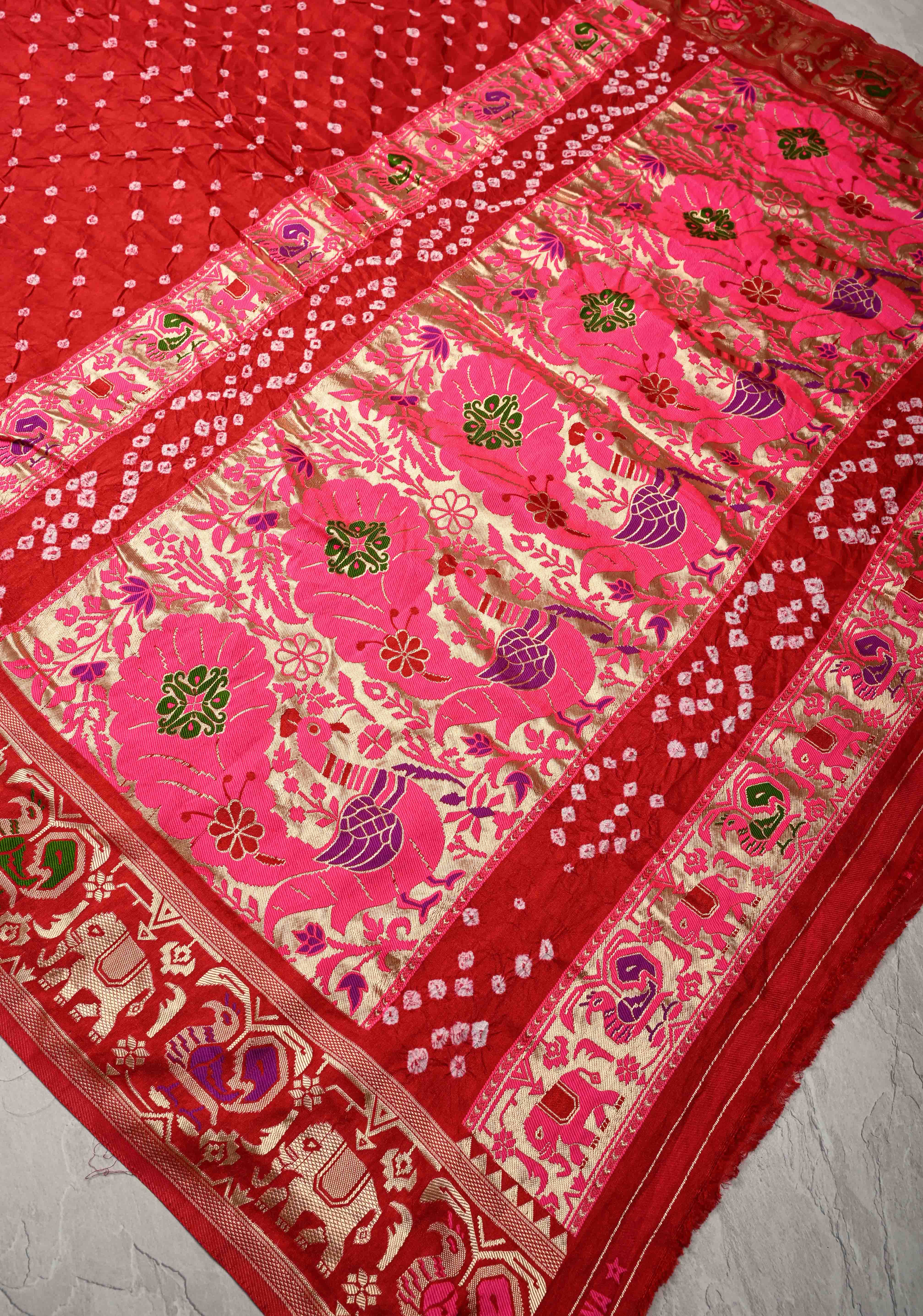 Deep Red Crushed Bandhani on Art Silk Saree with Meenakari Floral Zari Border and pallu | Shobitam