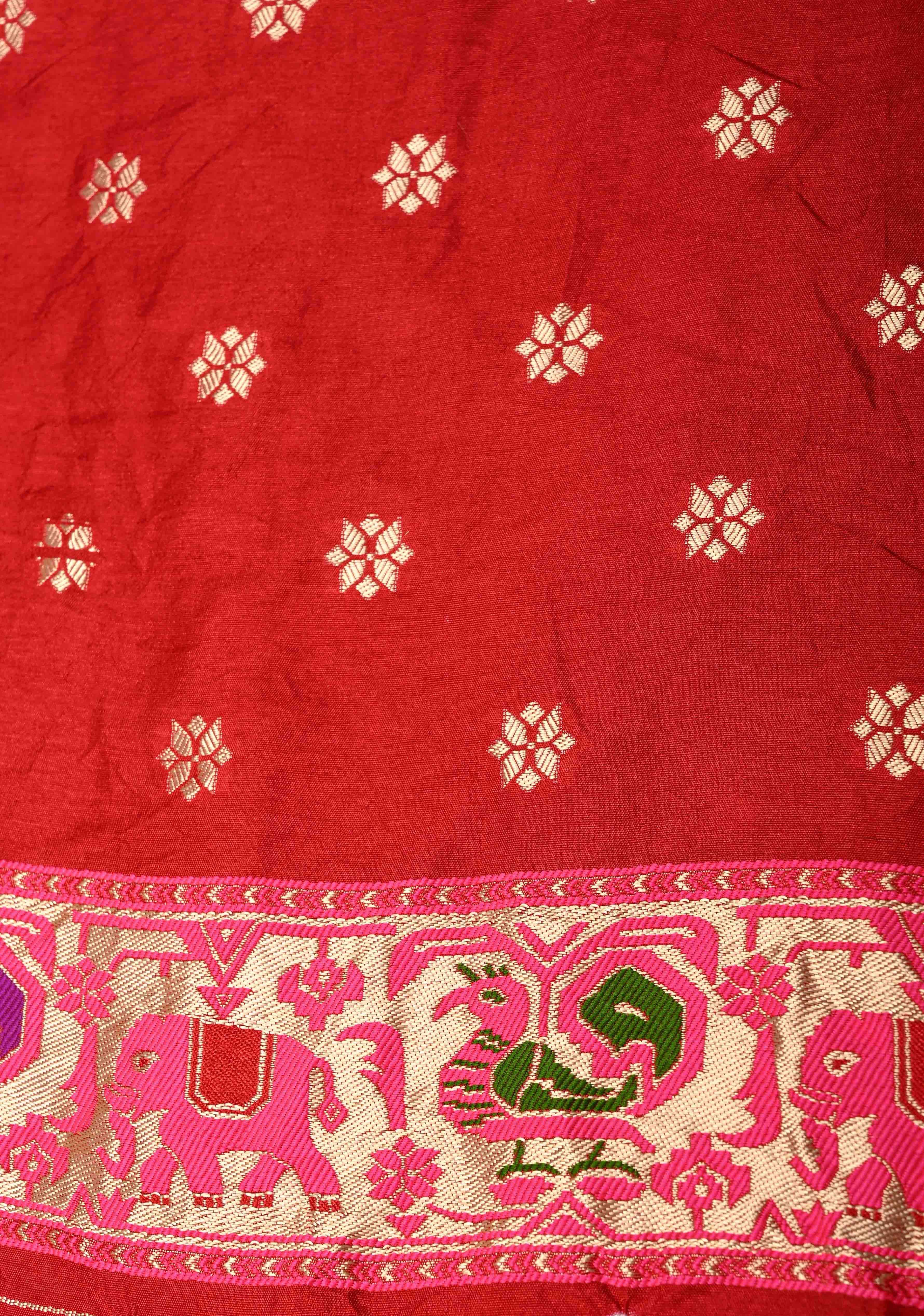 Deep Red Crushed Bandhani on Art Silk Saree with Meenakari Floral Zari Border and pallu | Shobitam