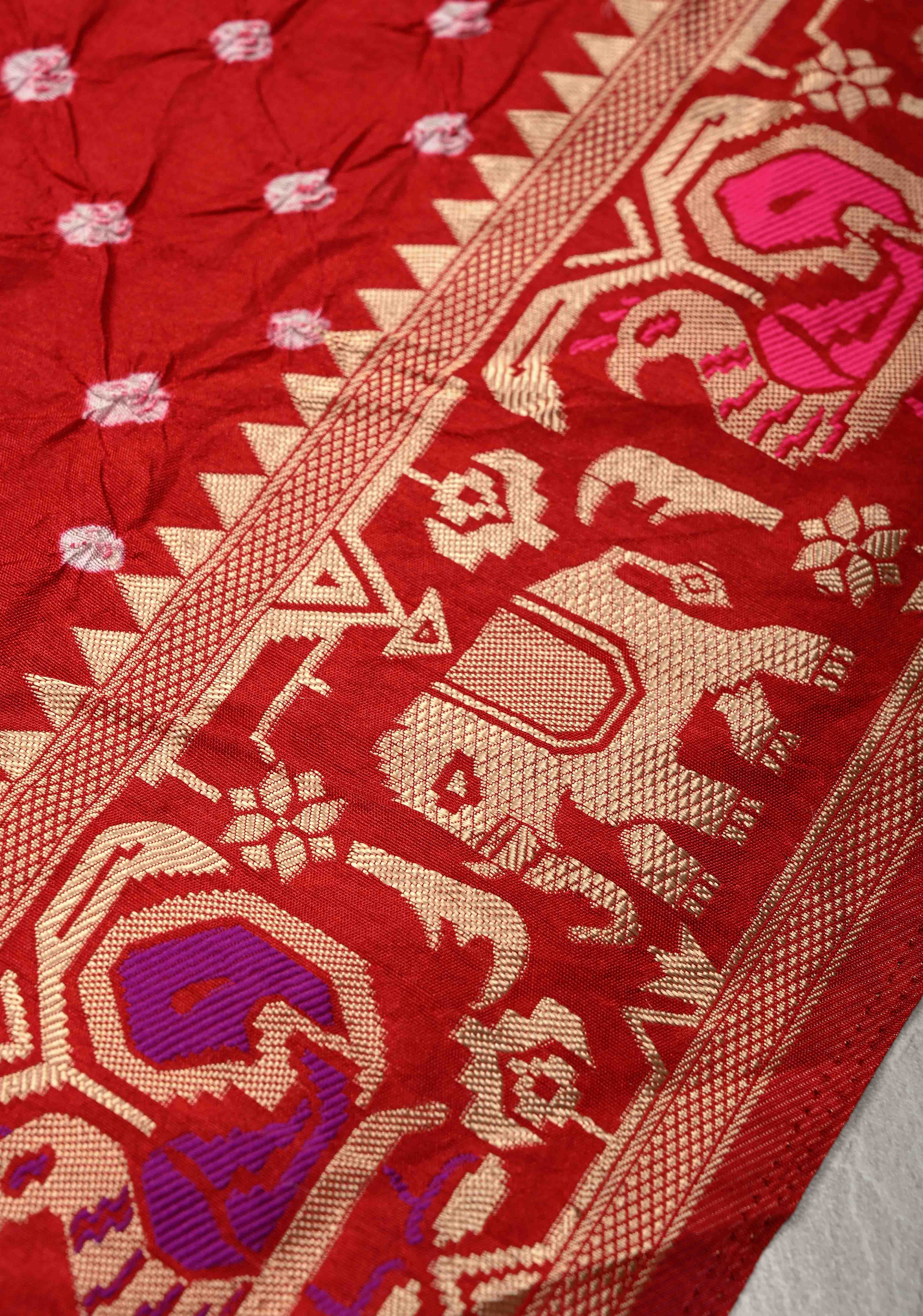 Deep Red Crushed Bandhani on Art Silk Saree with Meenakari Floral Zari Border and pallu | Shobitam