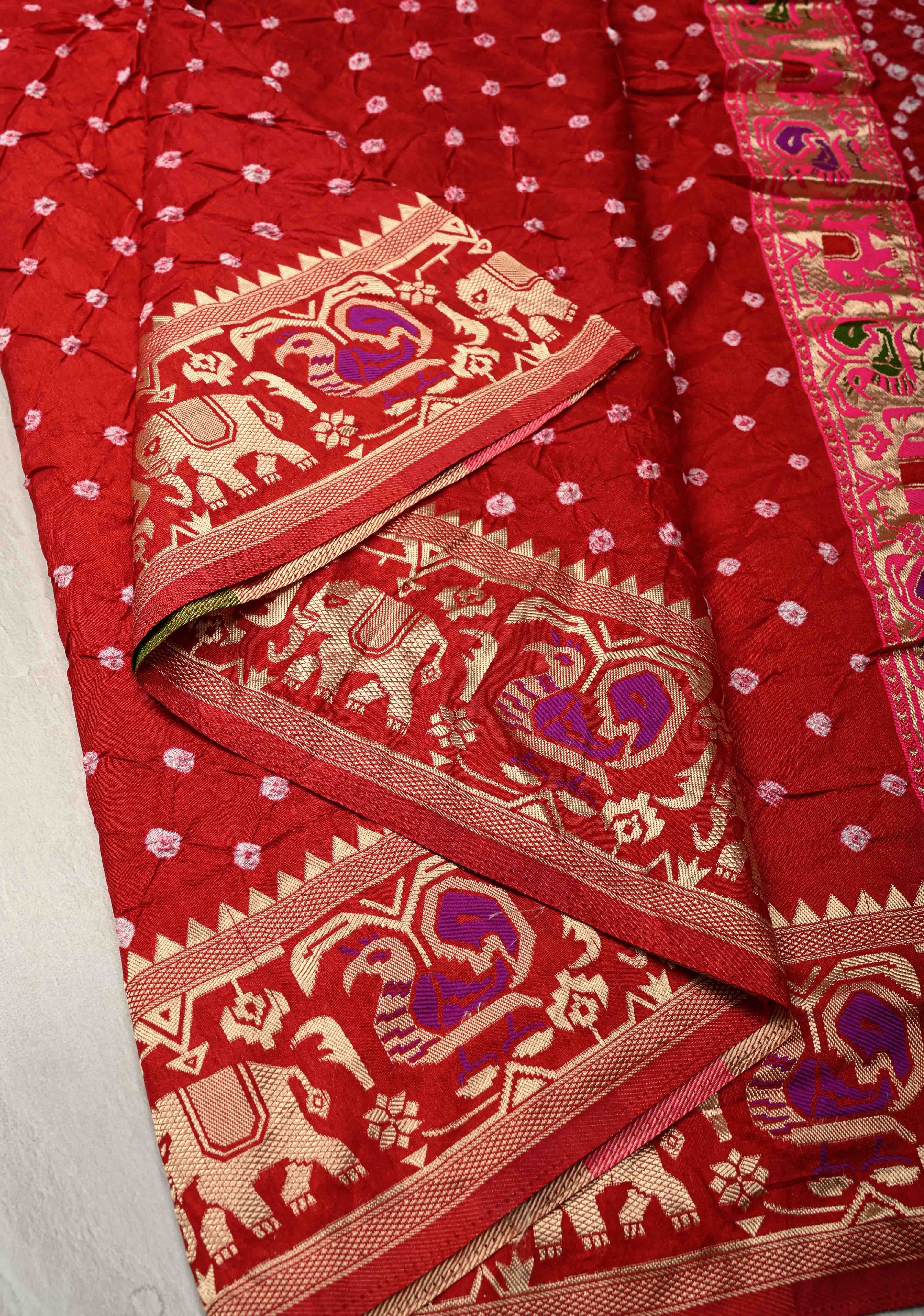 Deep Red Crushed Bandhani on Art Silk Saree with Meenakari Floral Zari Border and pallu | Shobitam