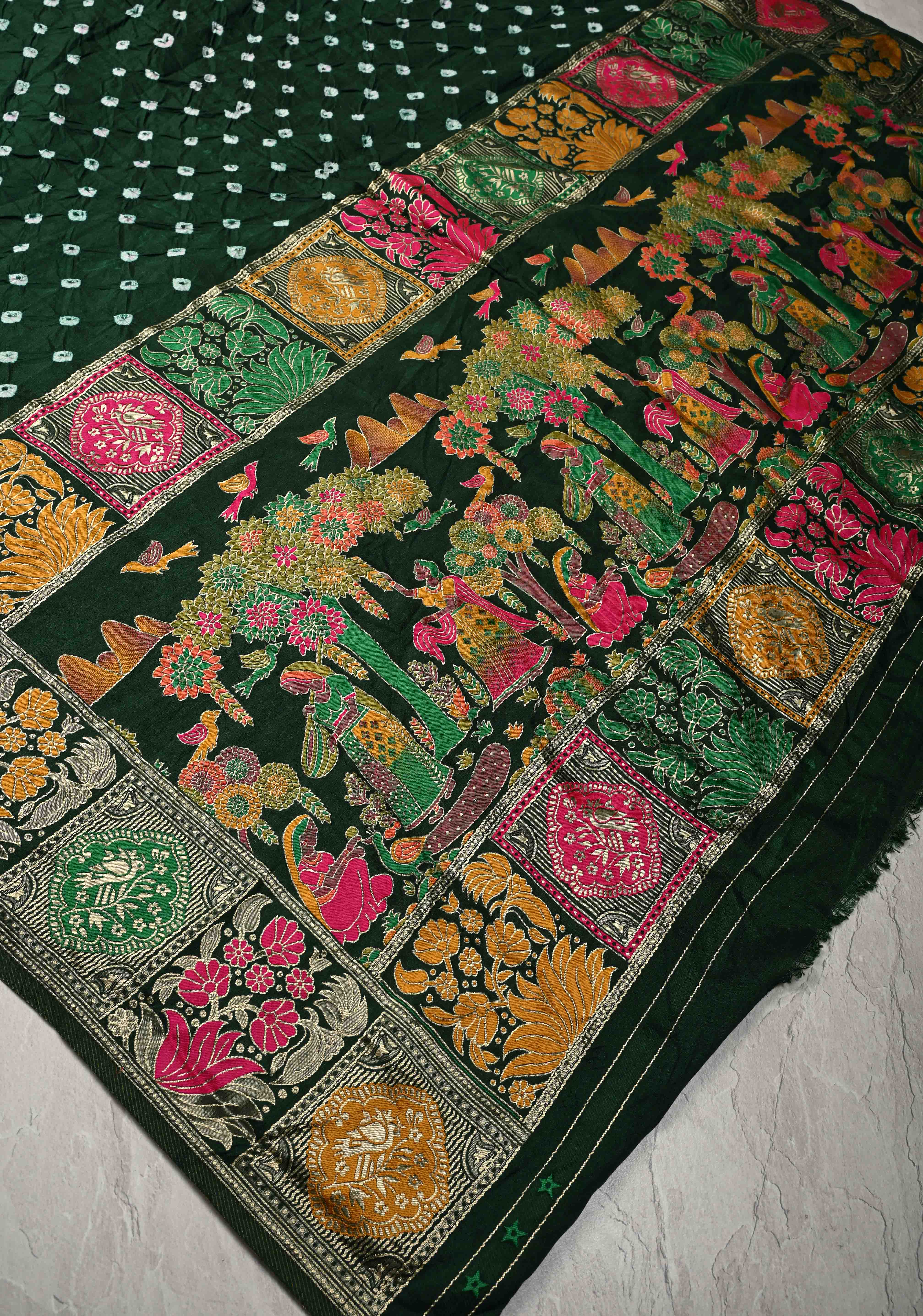 Dark Green Crushed Bandhini on Art Silk Saree with Meenakari Zari Border and Village Theme Pallu | Shobitam