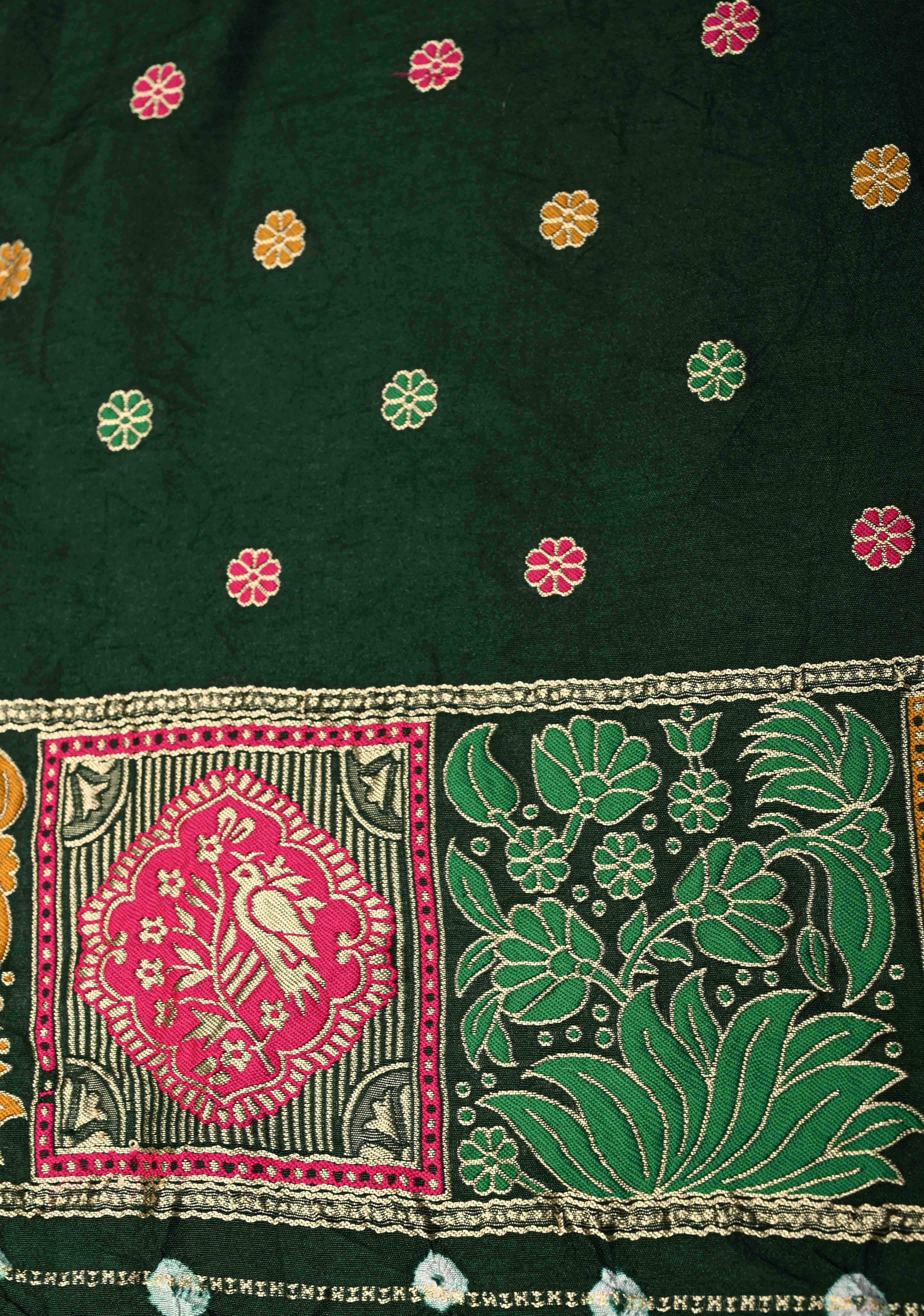 Dark Green Crushed Bandhini on Art Silk Saree with Meenakari Zari Border and Village Theme Pallu | Shobitam