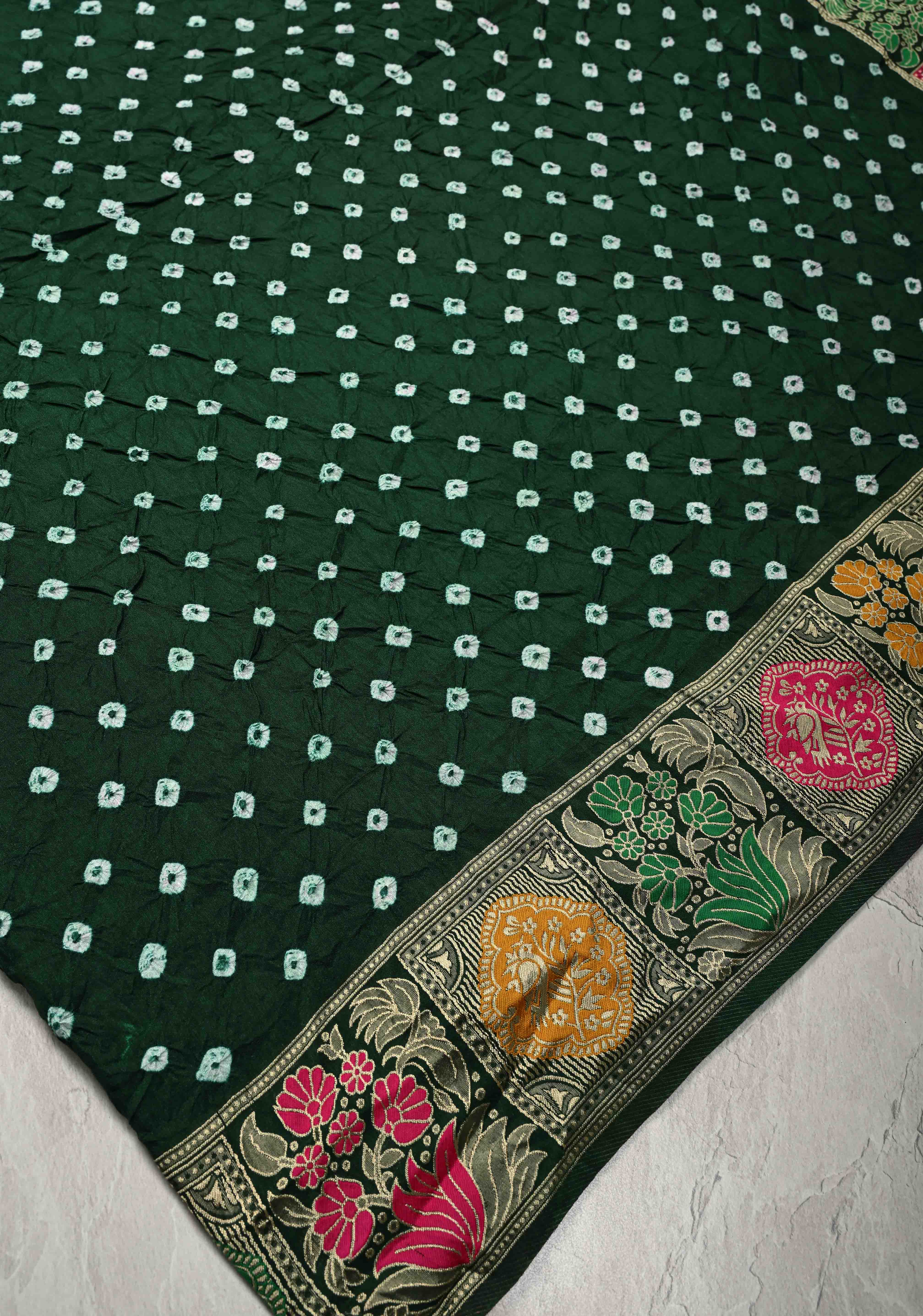 Dark Green Crushed Bandhini on Art Silk Saree with Meenakari Zari Border and Village Theme Pallu | Shobitam