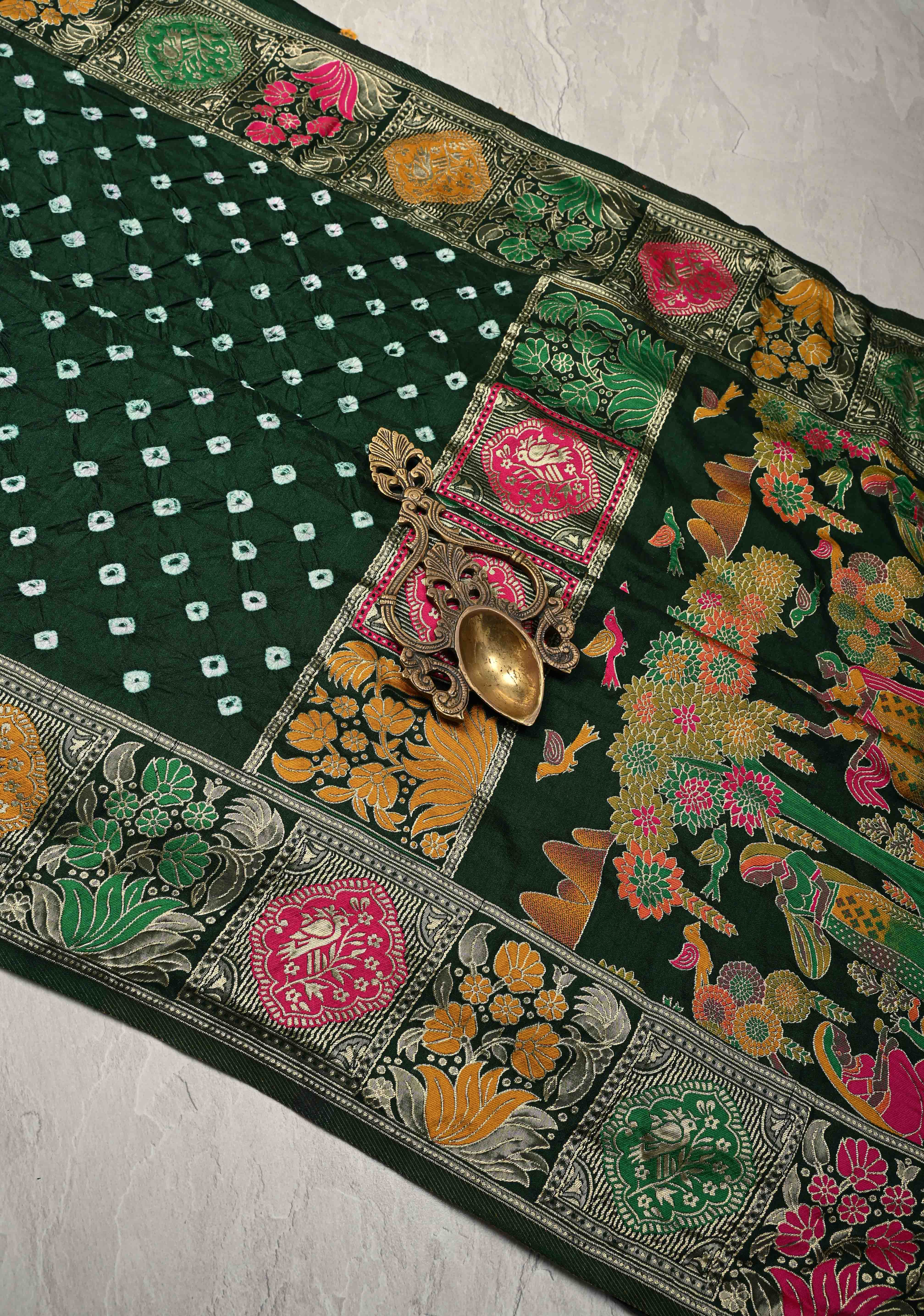 Dark Green Crushed Bandhini on Art Silk Saree with Meenakari Zari Border and Village Theme Pallu | Shobitam