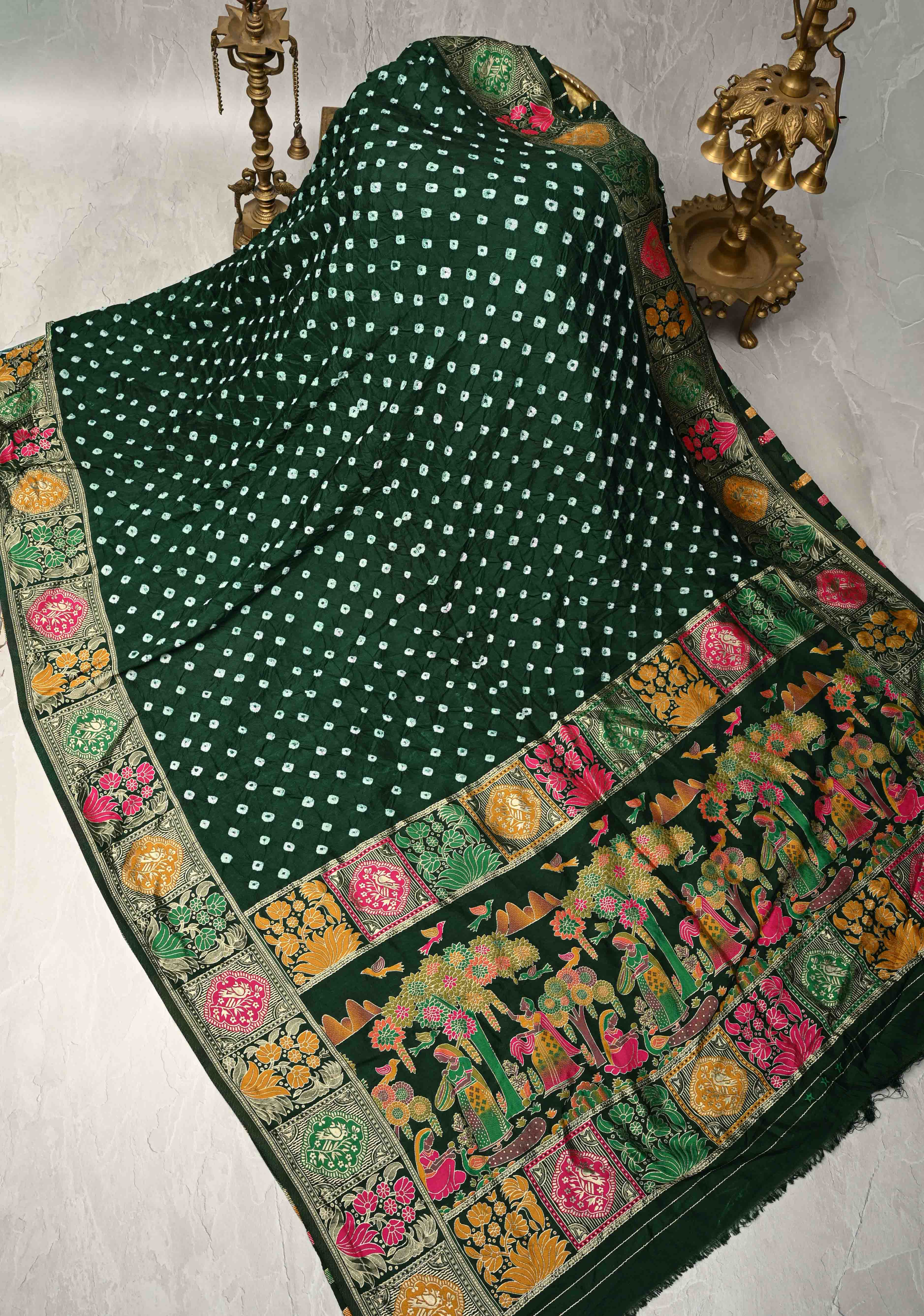 Dark Green Crushed Bandhini on Art Silk Saree with Meenakari Zari Border and Village Theme Pallu | Shobitam