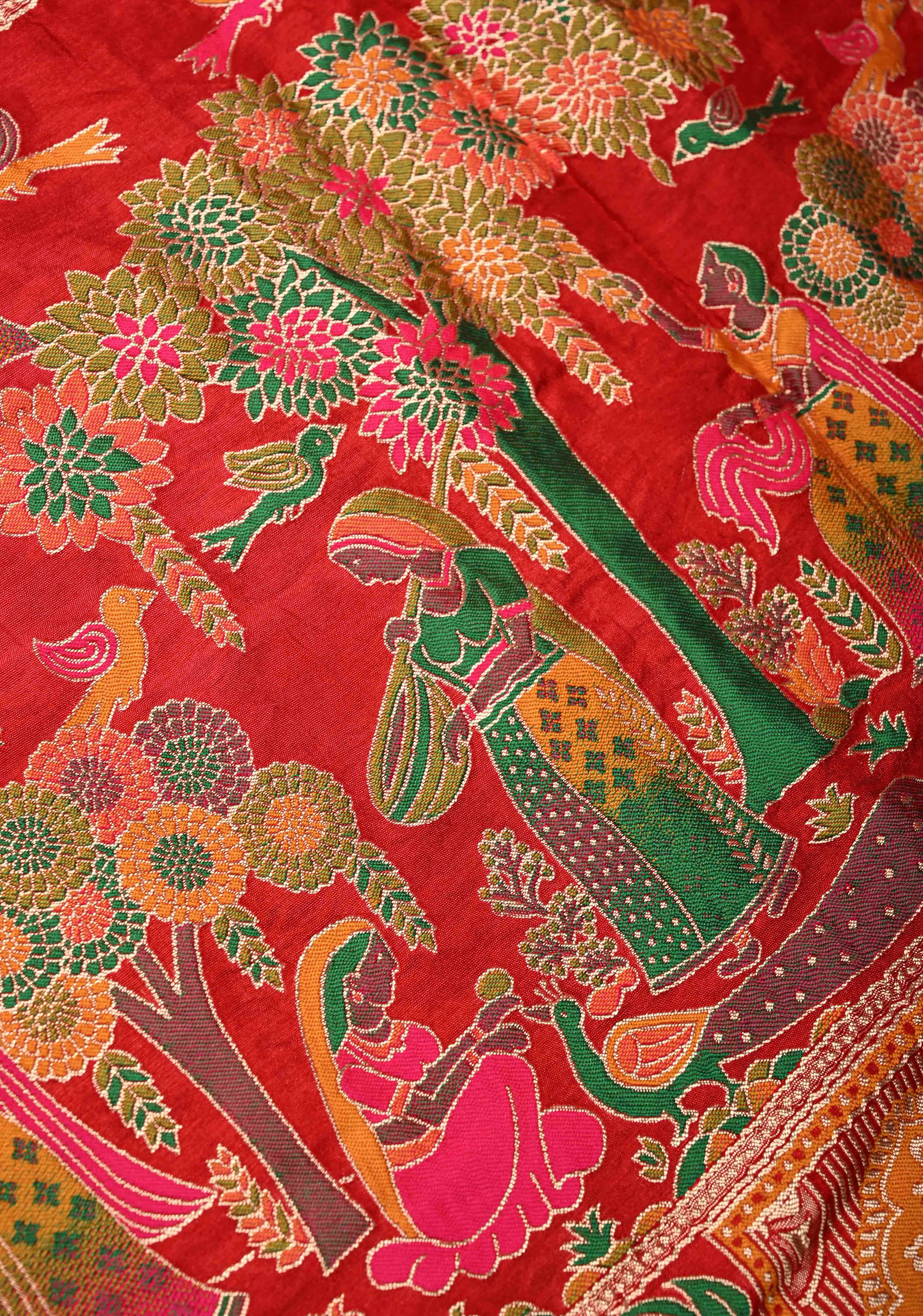 Red Crushed Bandhani on Art Silk Saree with Meenakari Floral Zari Border and Pallu | Shobitam