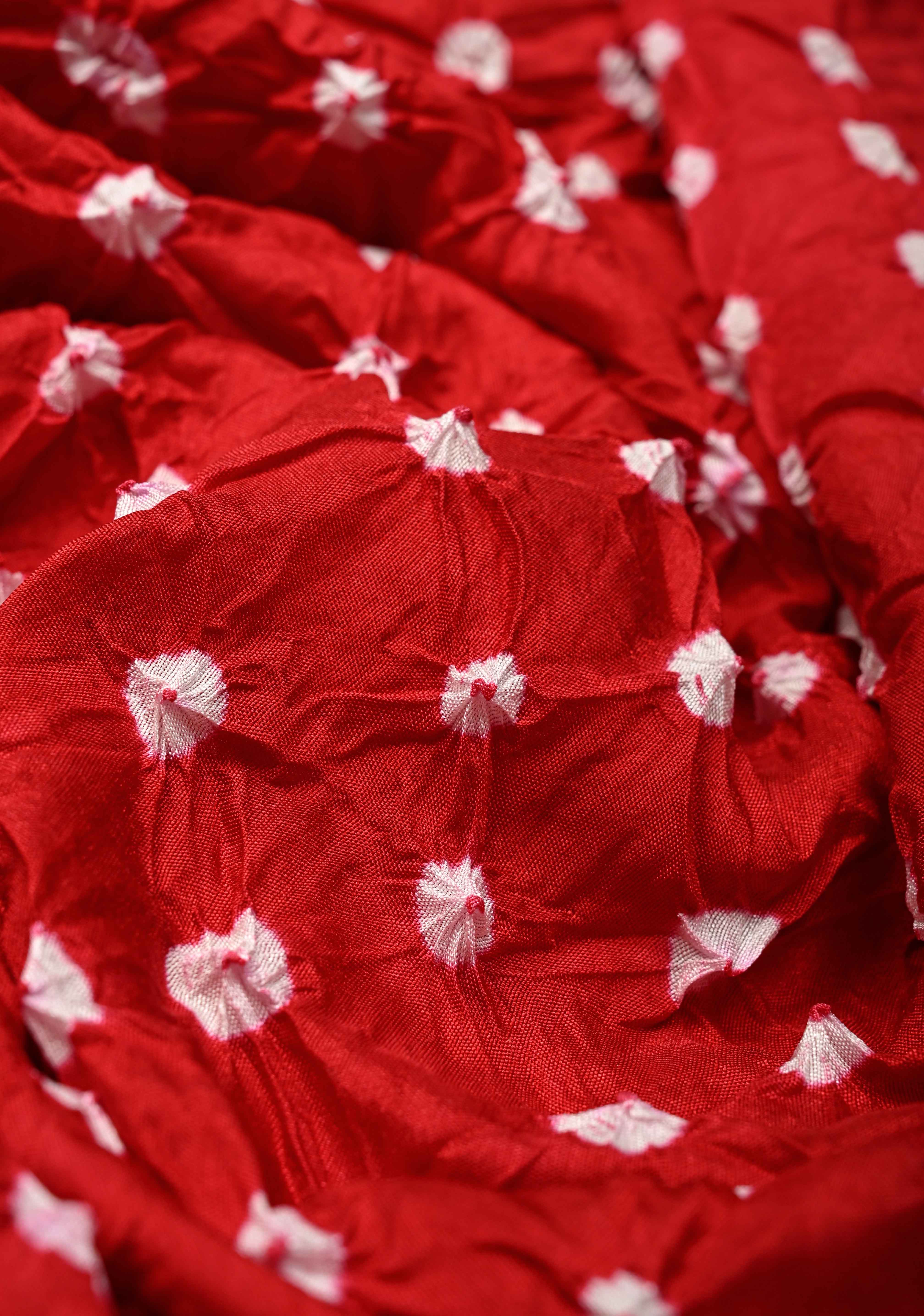 Red Crushed Bandhani on Art Silk Saree with Meenakari Floral Zari Border and Pallu | Shobitam