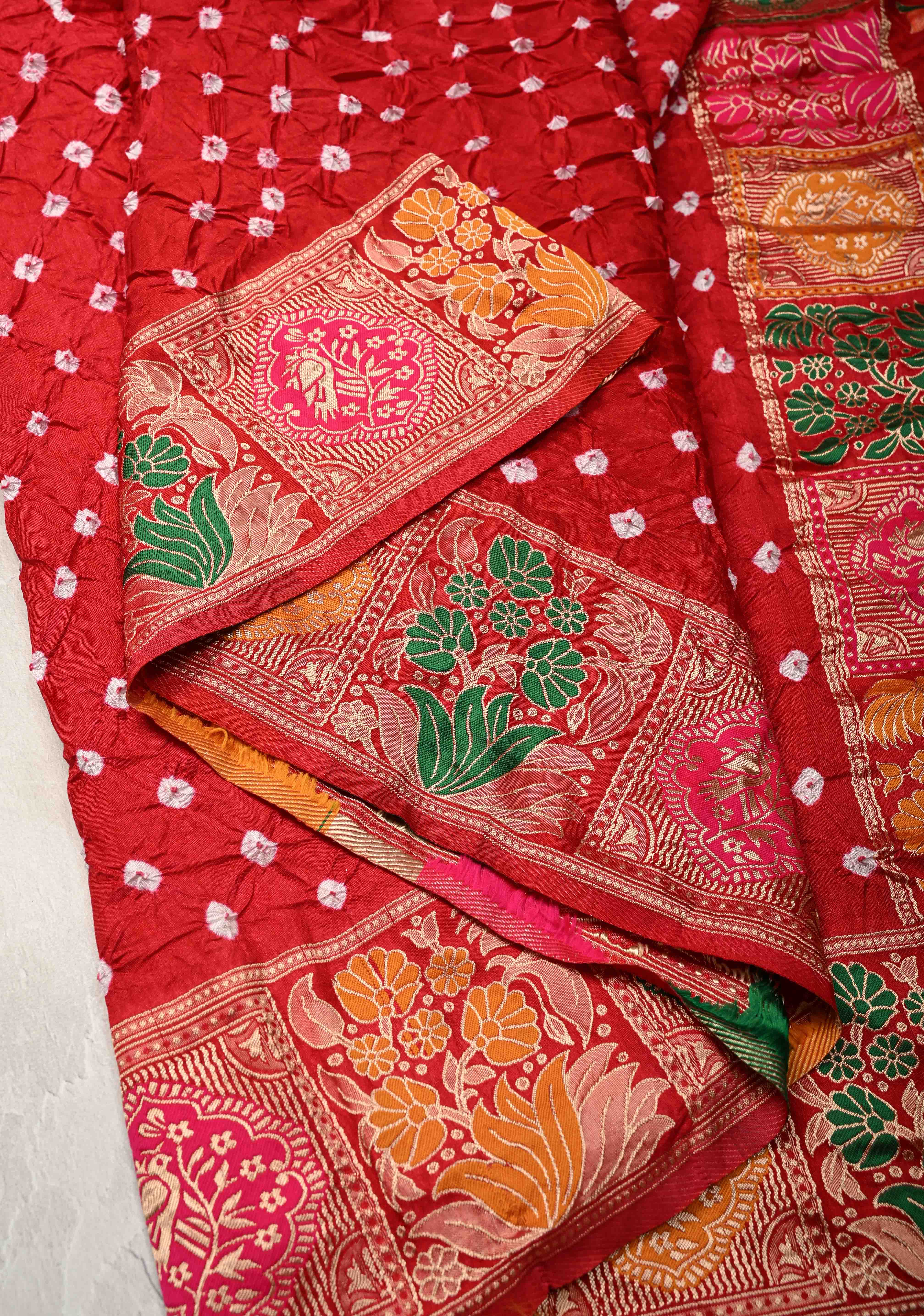 Red Crushed Bandhani on Art Silk Saree with Meenakari Floral Zari Border and Pallu | Shobitam