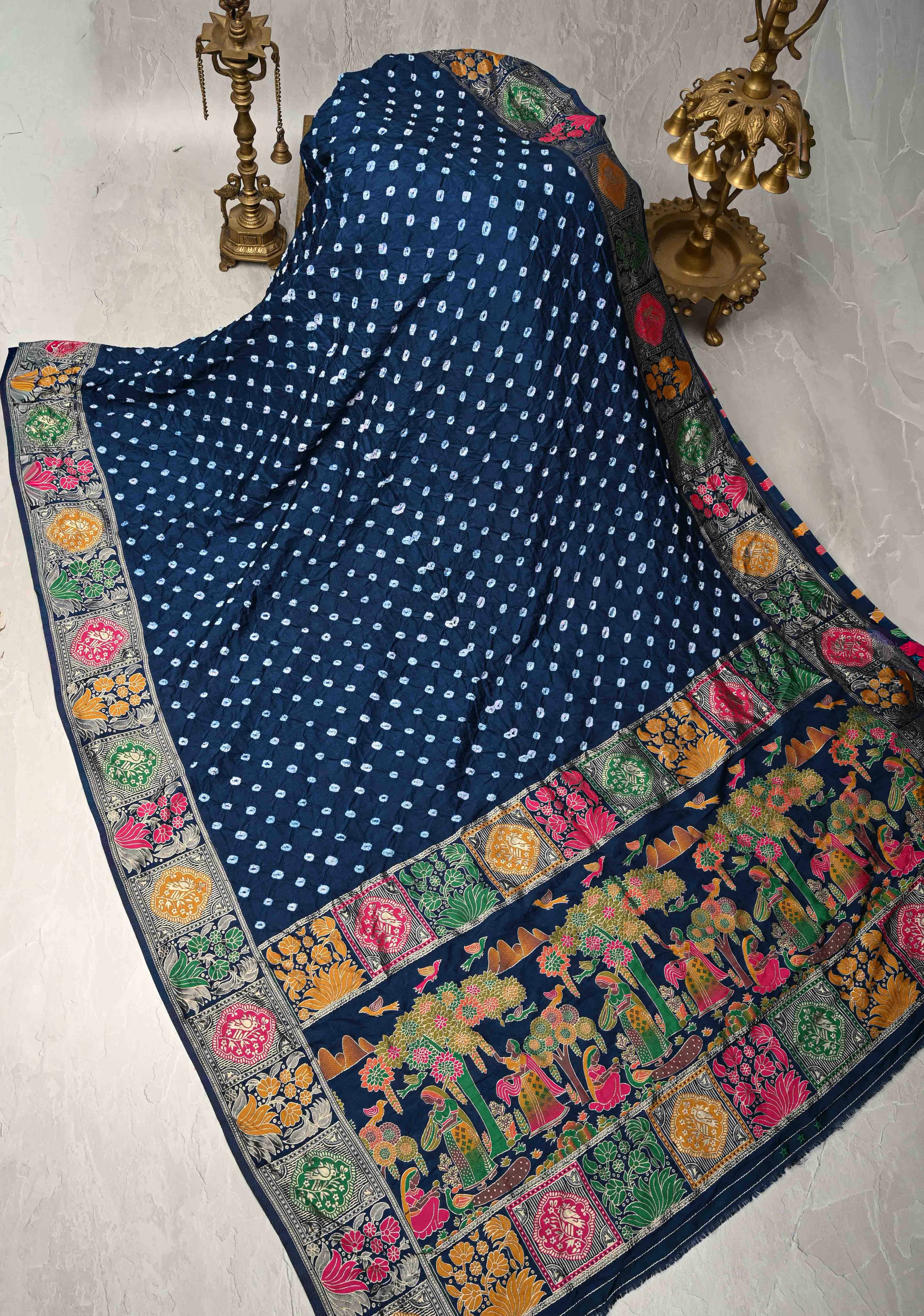 Prussian Blue Crushed Bandhini on Art Silk Saree with Meenakari Zari Border | Shobitam