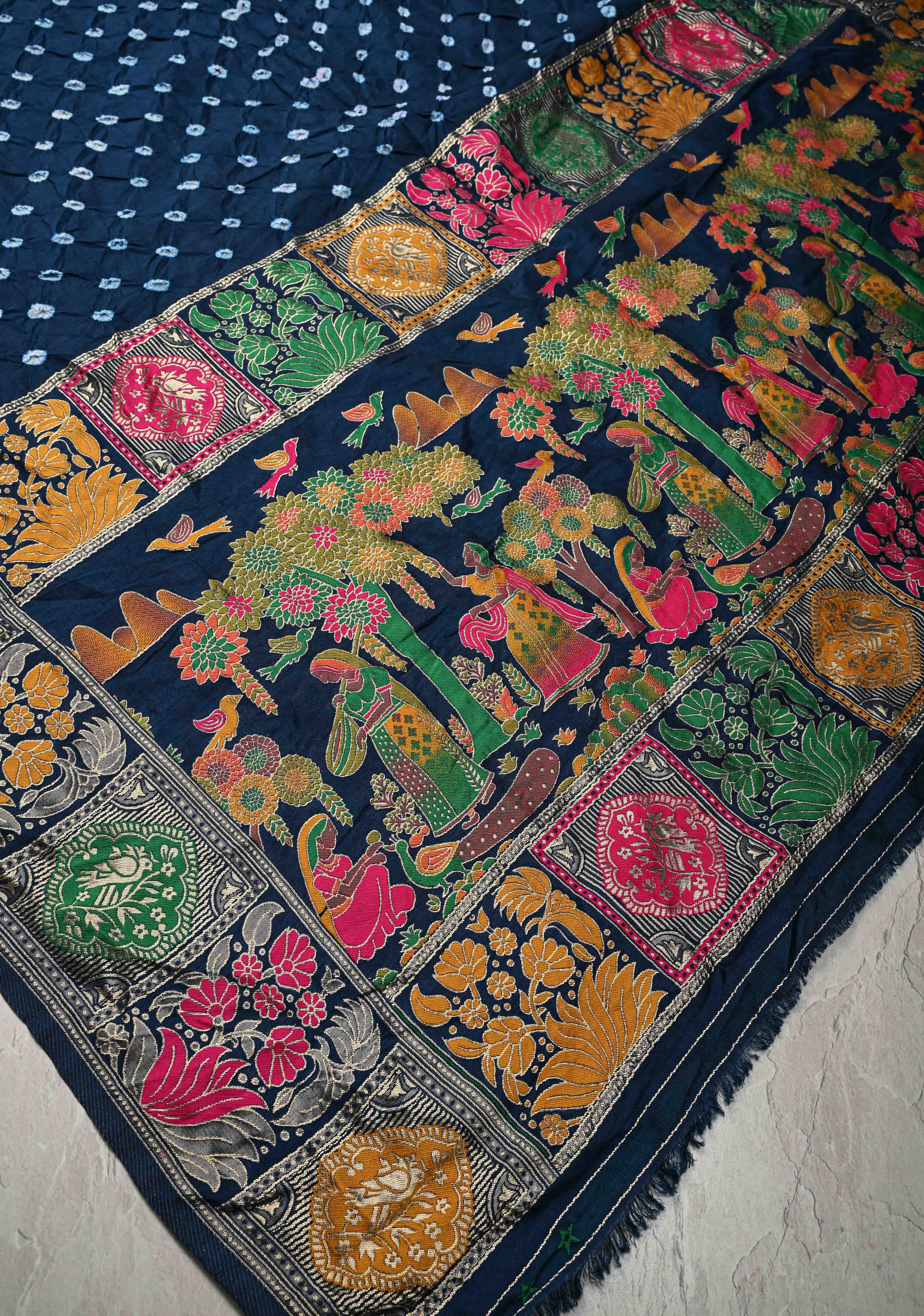 Prussian Blue Crushed Bandhini on Art Silk Saree with Meenakari Zari Border | Shobitam