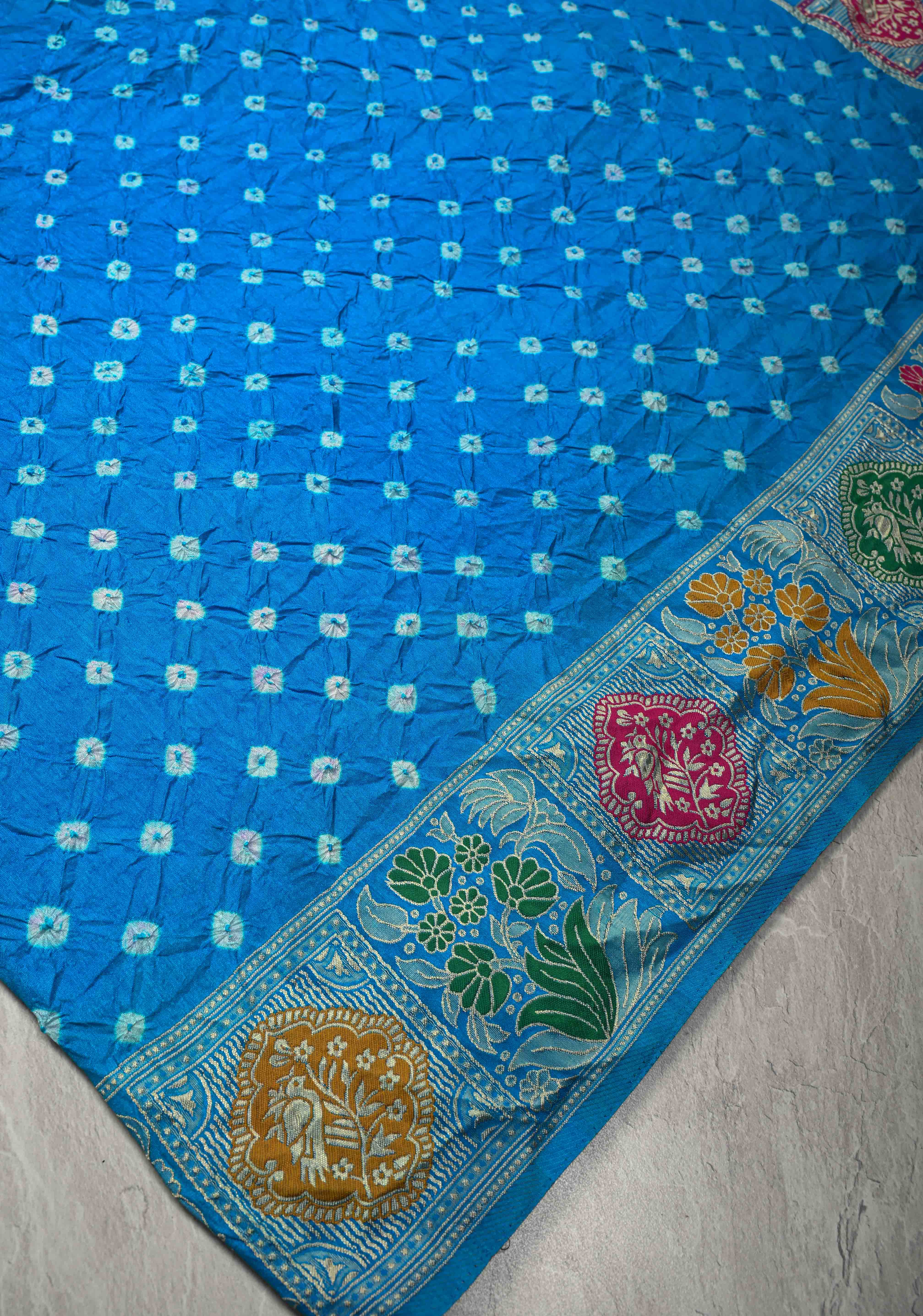 Copper Sulphate Blue Crushed Bandhani on Art Silk Saree with Meenakari Floral Zari Border and Pallu | Shobitam