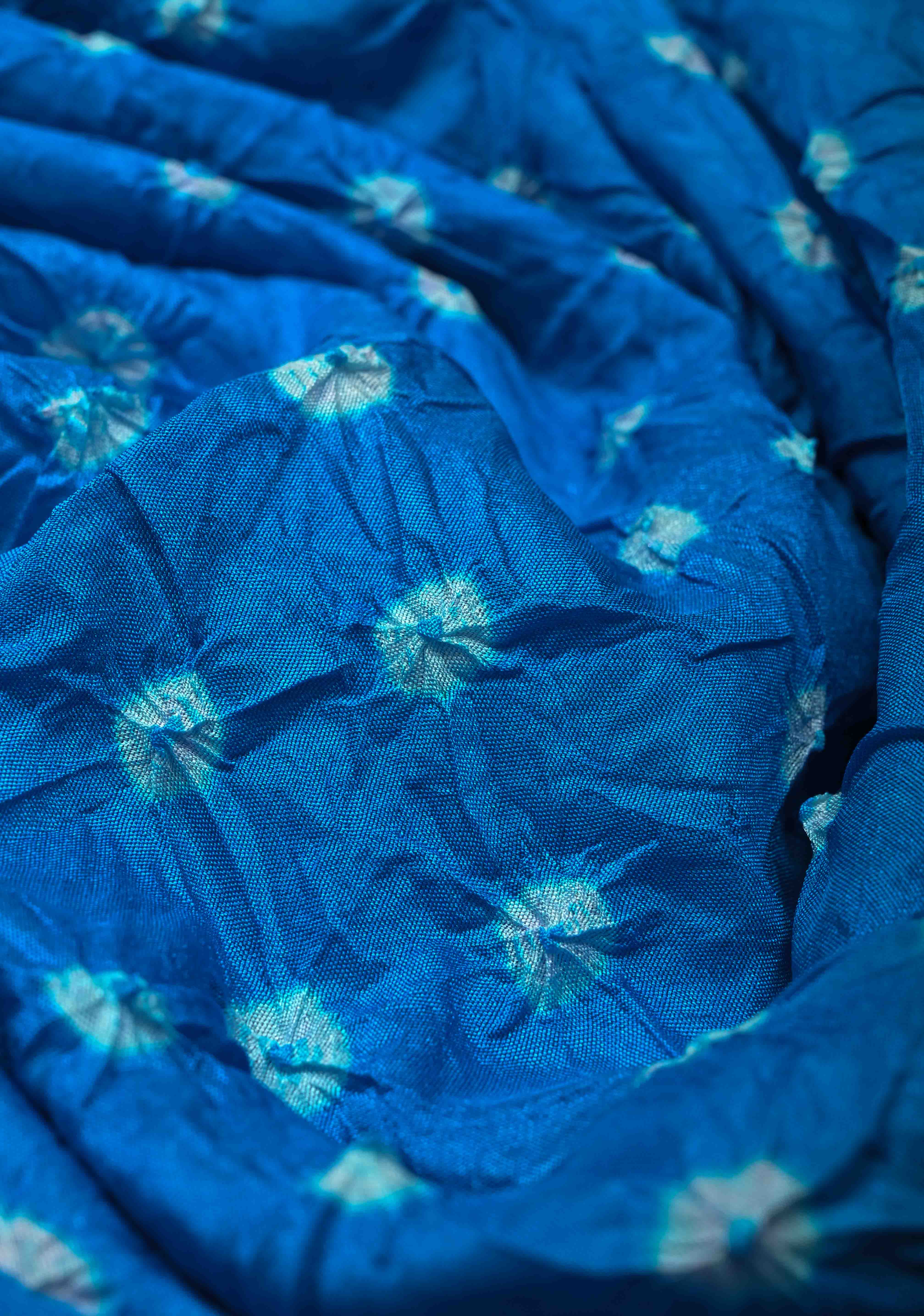 Copper Sulphate Blue Crushed Bandhani on Art Silk Saree with Meenakari Floral Zari Border and Pallu | Shobitam