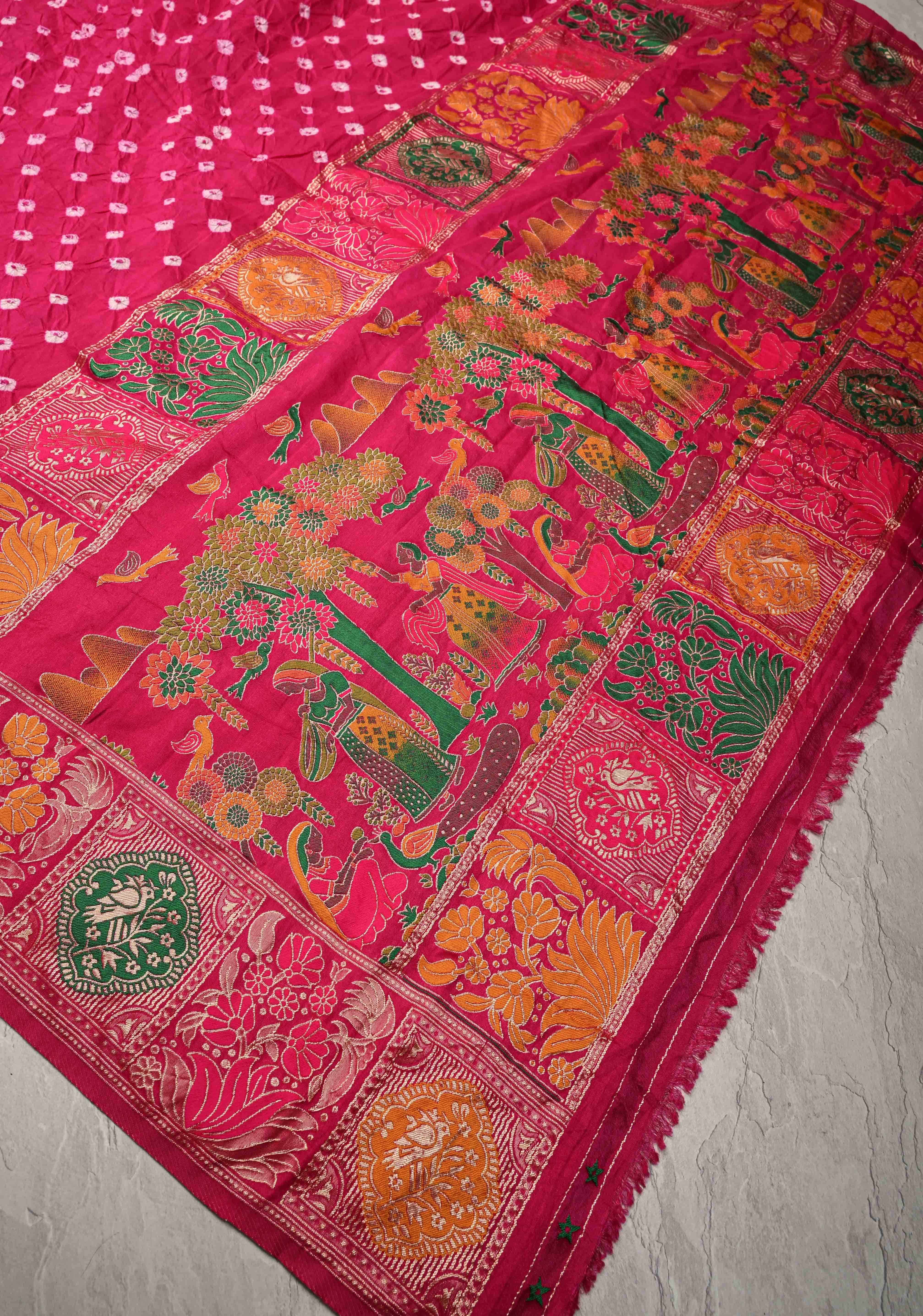 Fuchsia Pink Crushed Bandhini on Art Silk Saree with Meenakari Zari Border and Village Theme Pallu | Shobitam