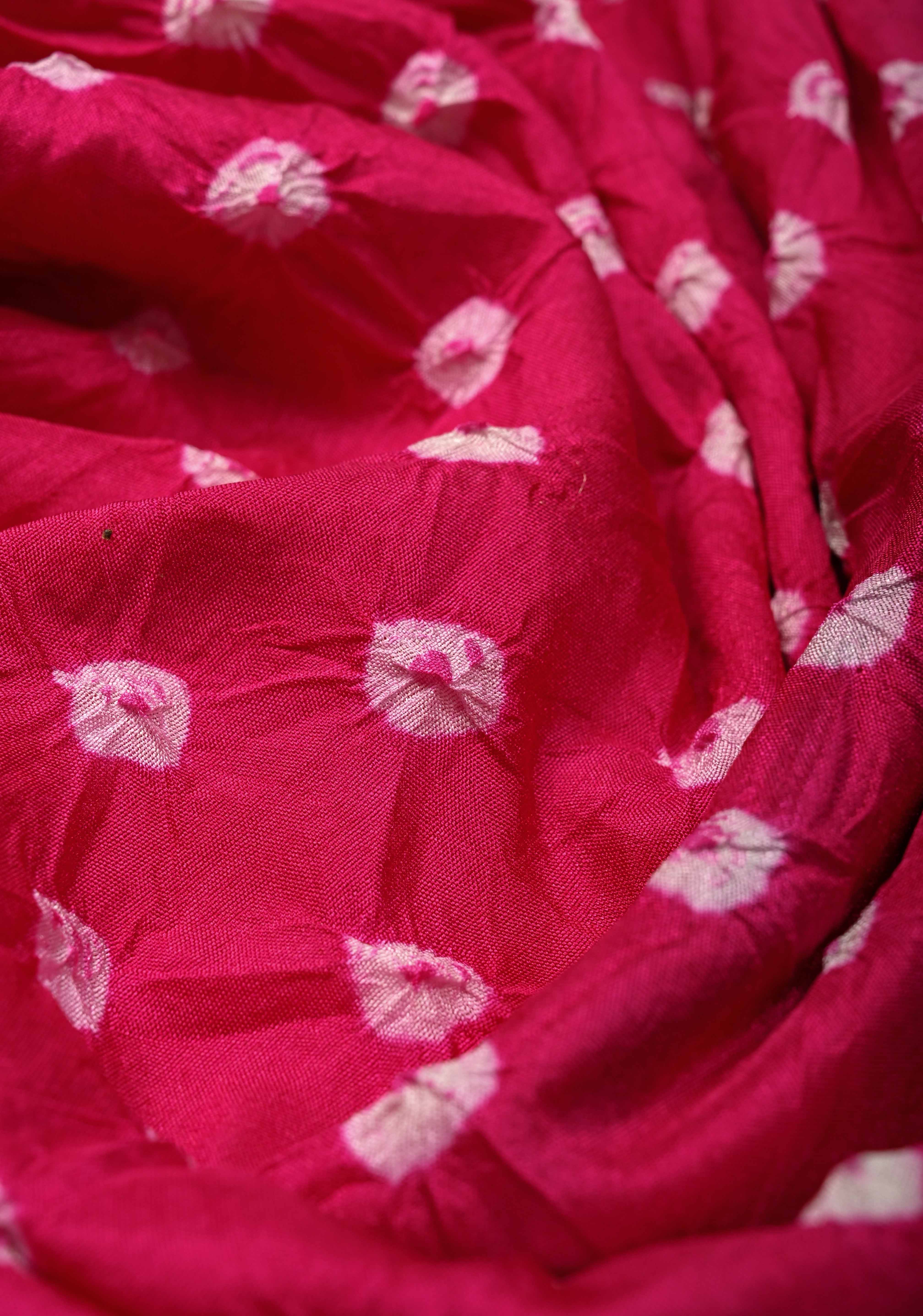 Fuchsia Pink Crushed Bandhini on Art Silk Saree with Meenakari Zari Border and Village Theme Pallu | Shobitam