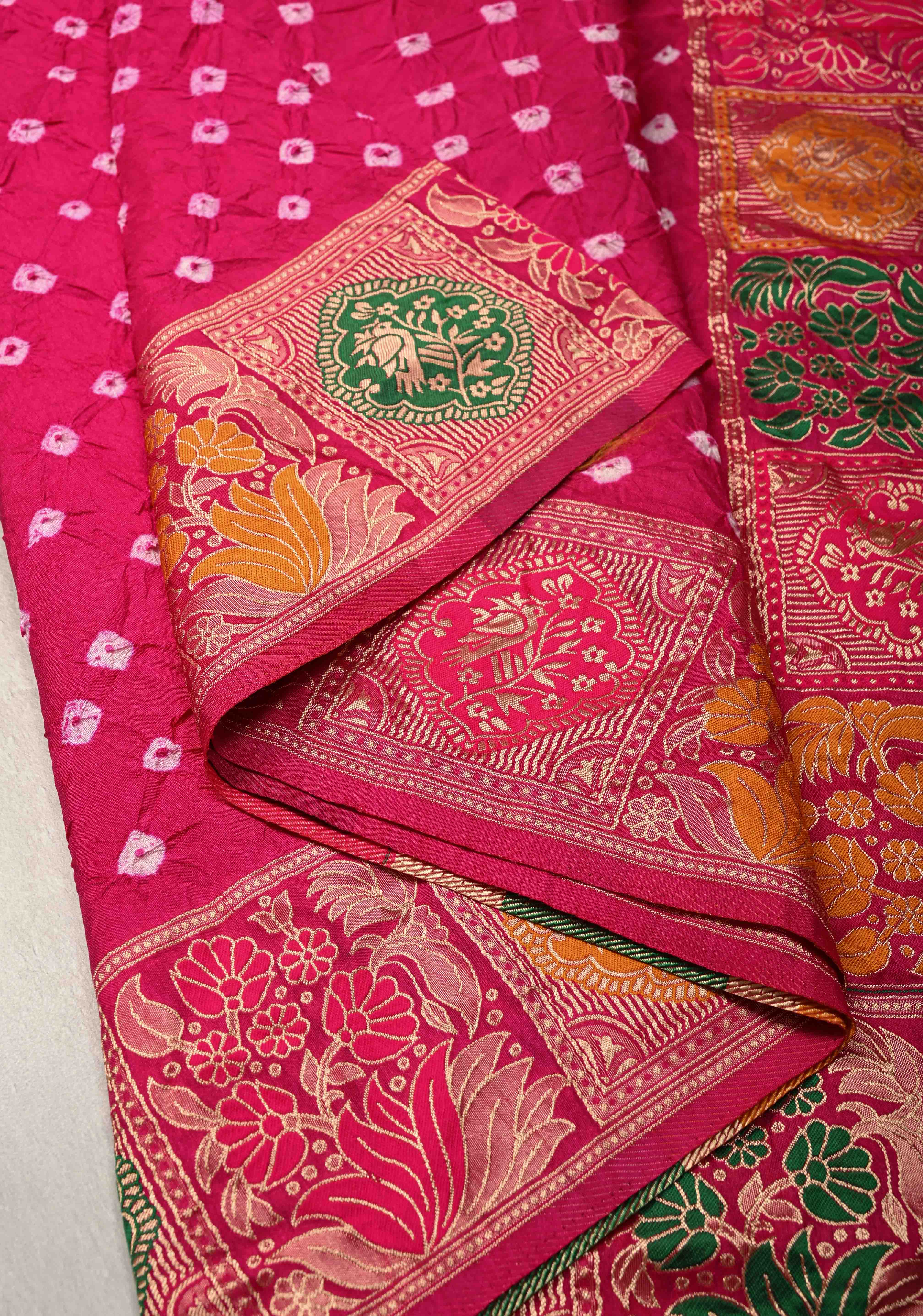 Fuchsia Pink Crushed Bandhini on Art Silk Saree with Meenakari Zari Border and Village Theme Pallu | Shobitam
