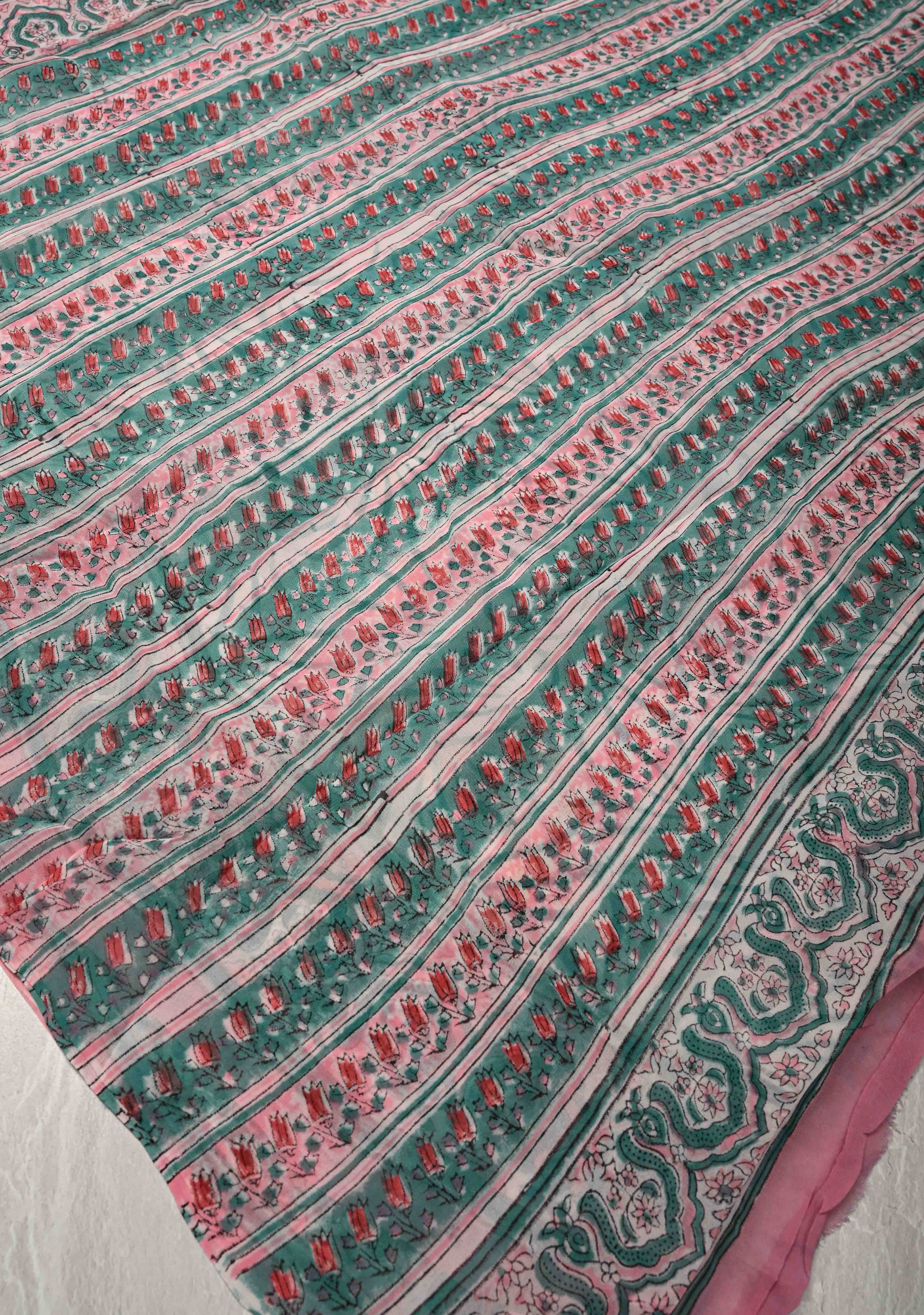 Light Pink Georgette Saree with Sanganeri Hand Block Print | Shobitam