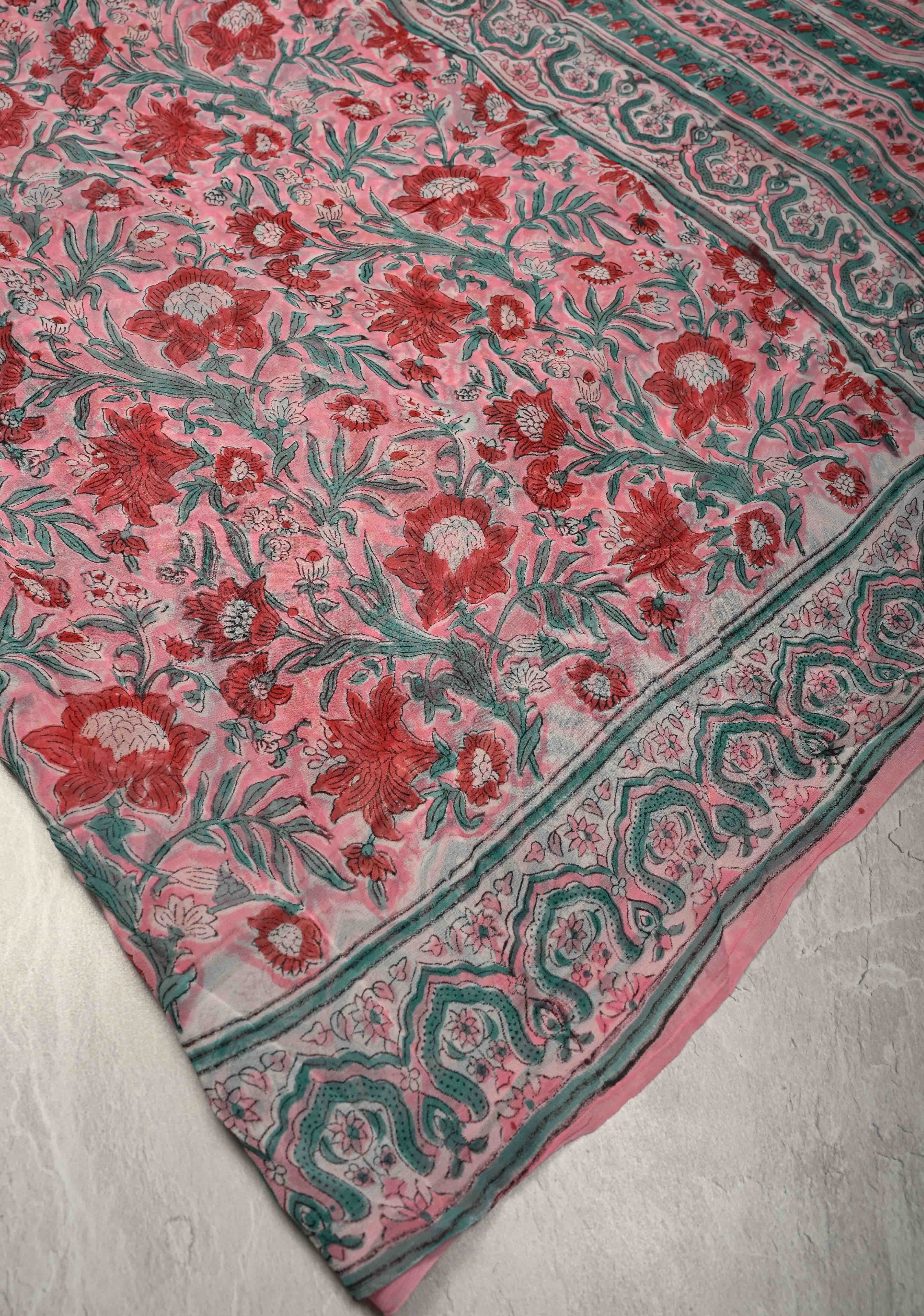 Light Pink Georgette Saree with Sanganeri Hand Block Print | Shobitam