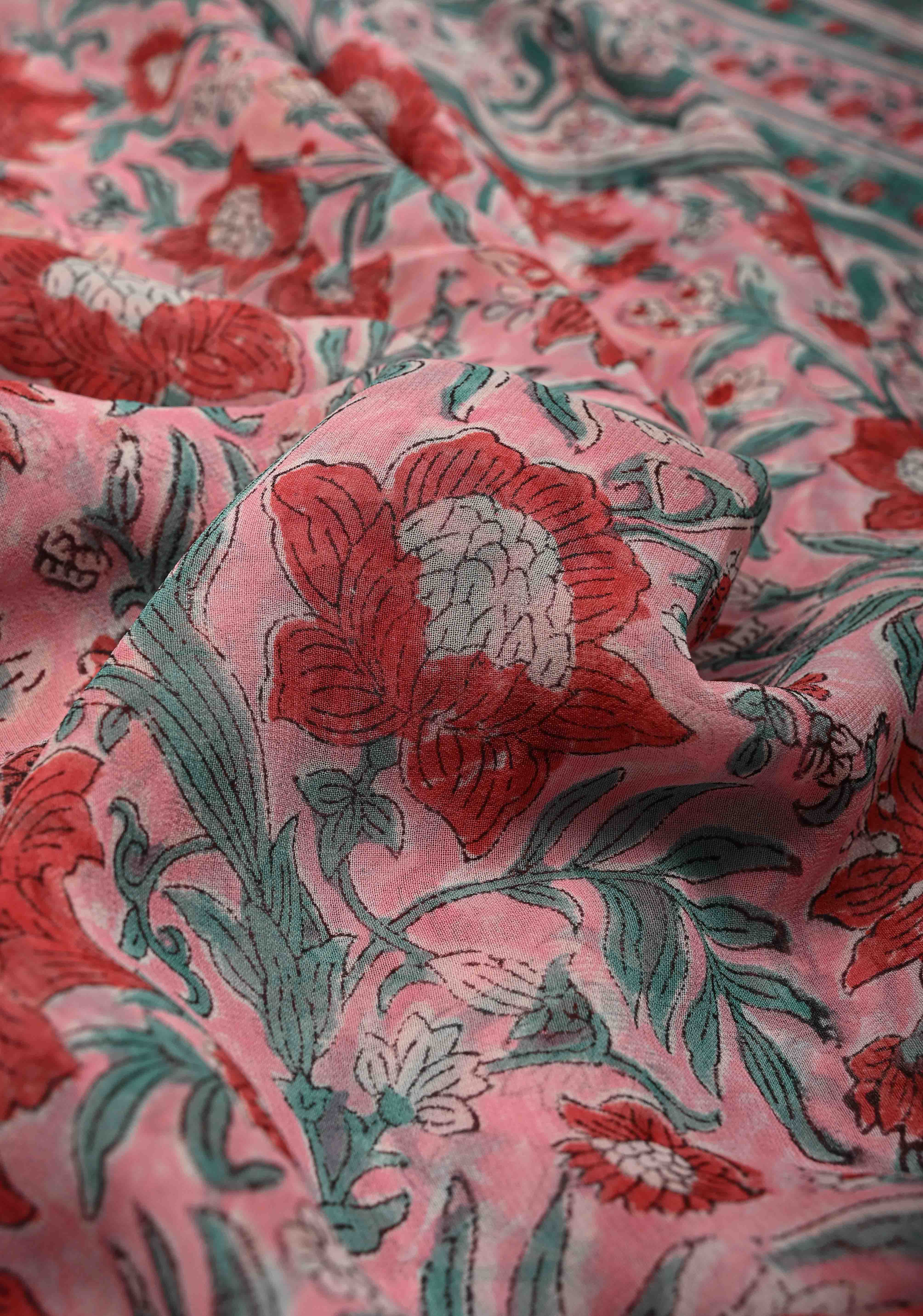 Light Pink Georgette Saree with Sanganeri Hand Block Print | Shobitam