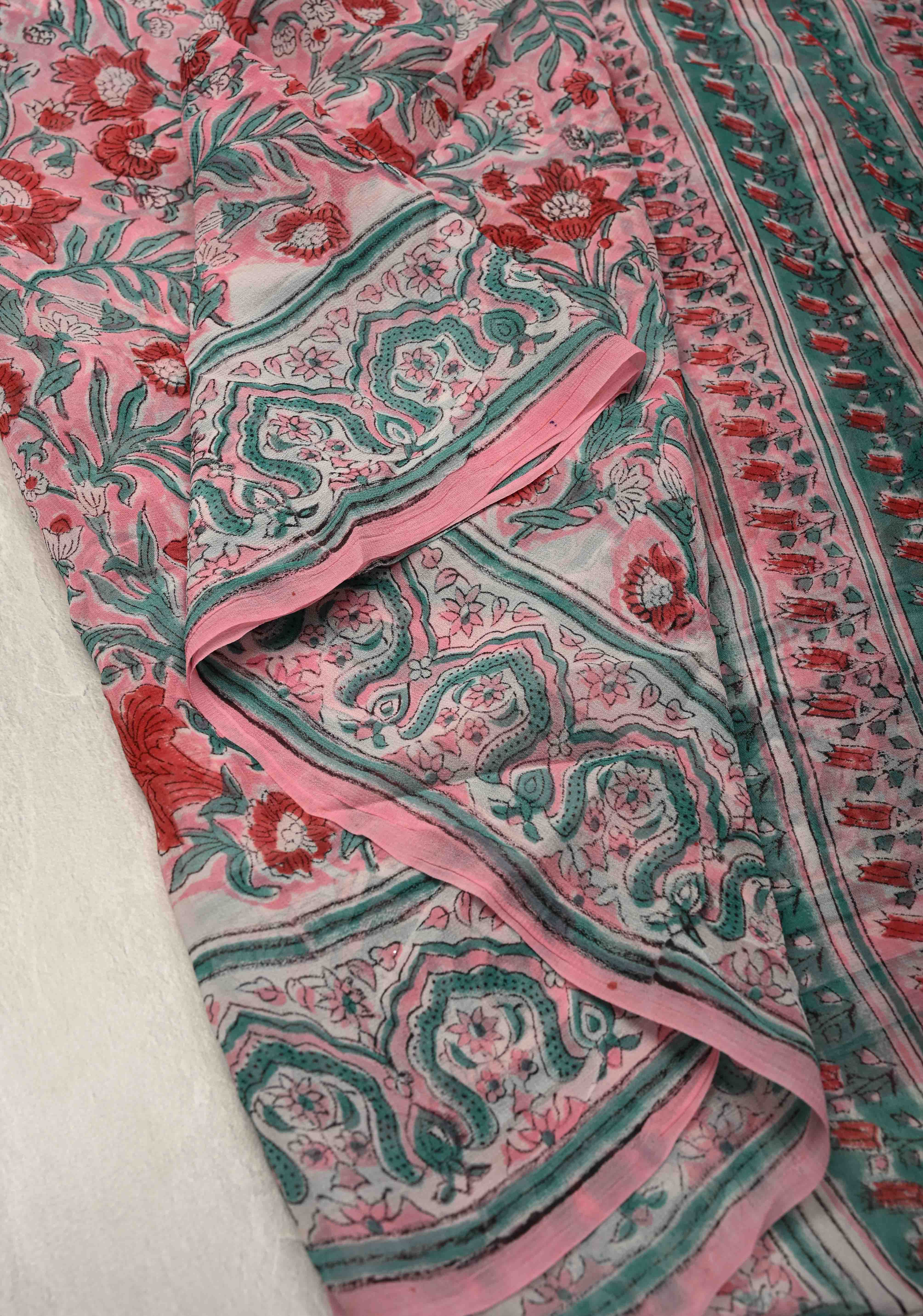 Light Pink Georgette Saree with Sanganeri Hand Block Print | Shobitam