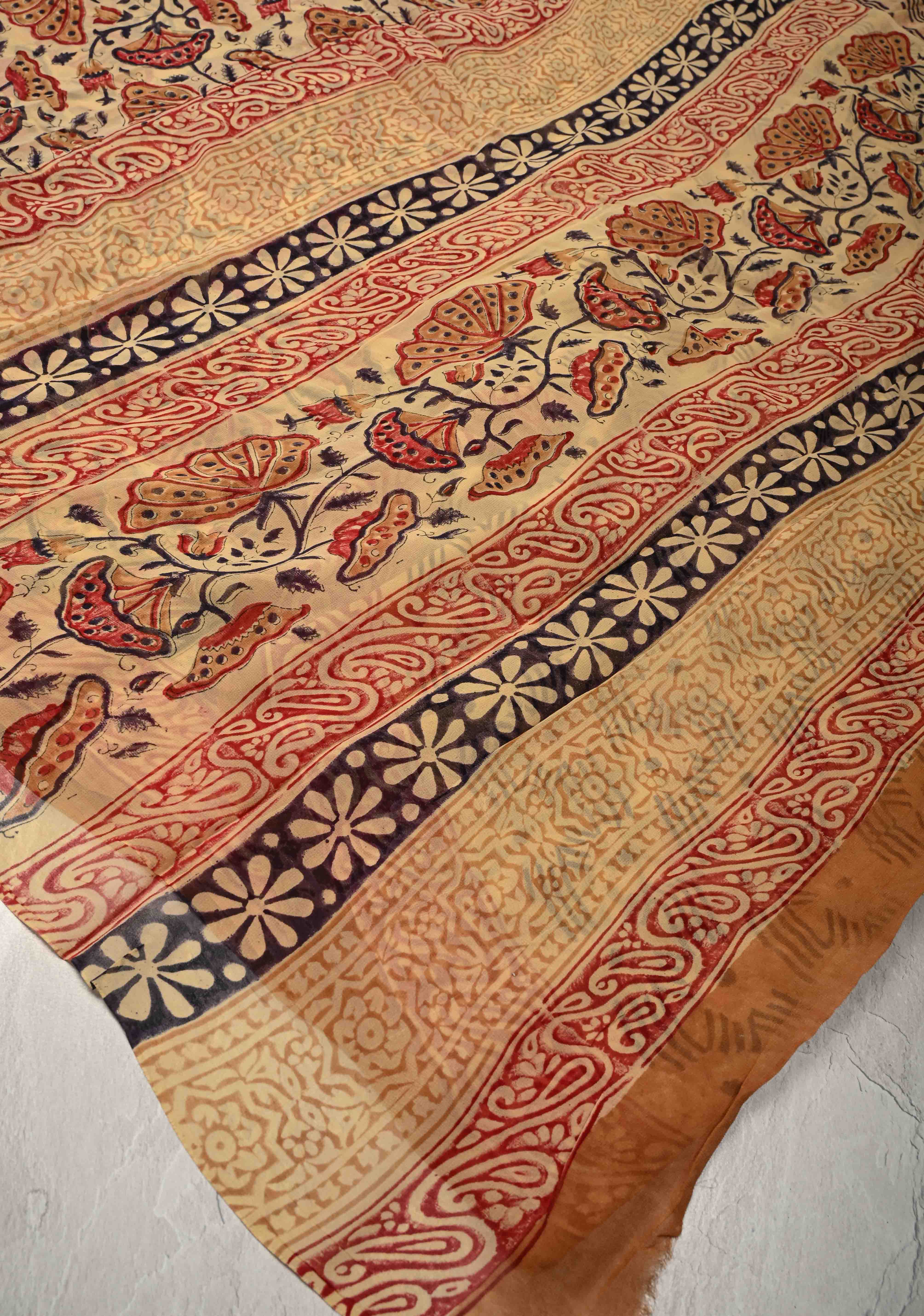 Dark Beige Georgette Saree with Sanganeri Hand Block Print | Shobitam