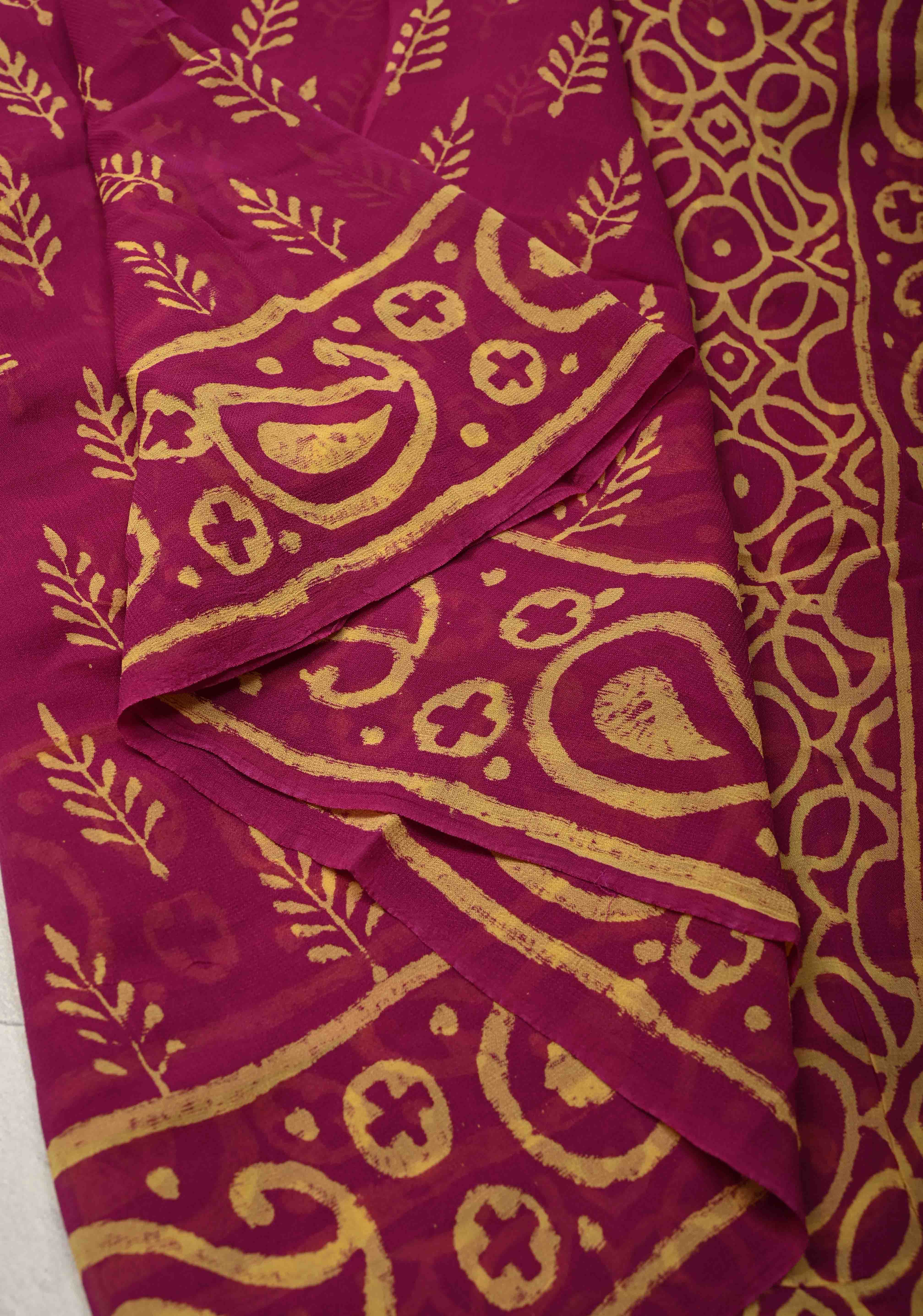 Magenta Georgette Saree with Sanganeri Hand Block Print | Shobitam
