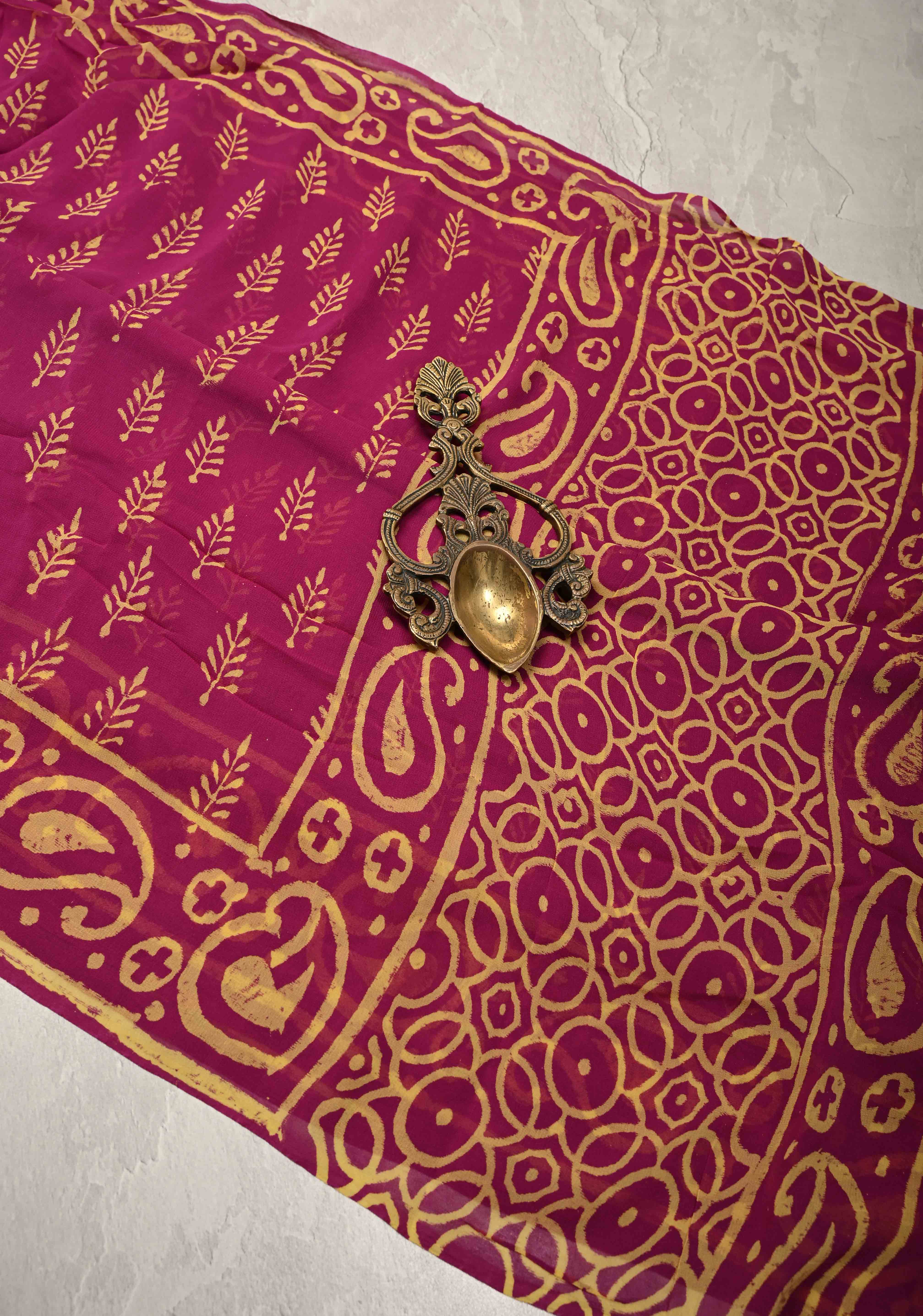 Magenta Georgette Saree with Sanganeri Hand Block Print | Shobitam