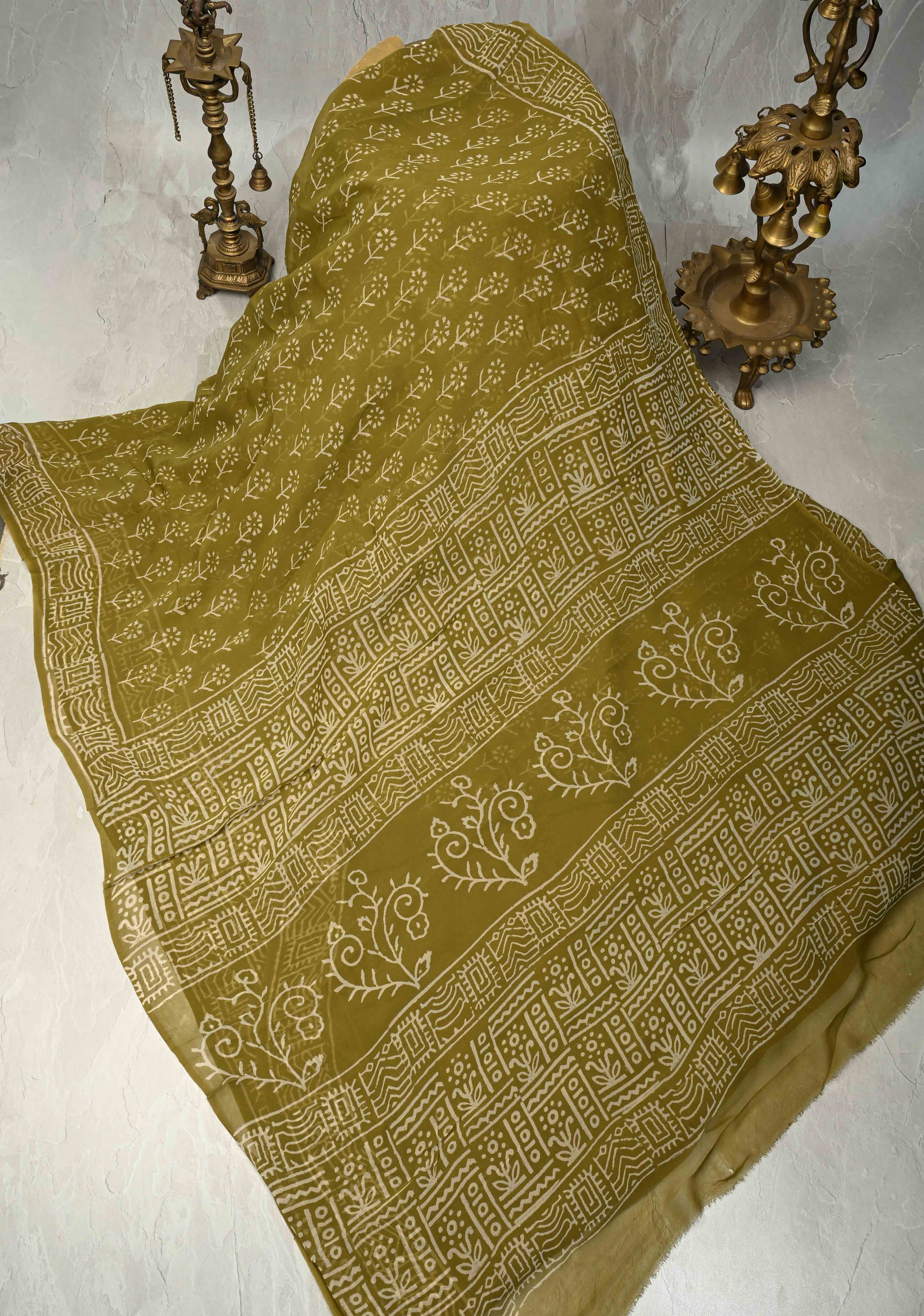 Ollive Green Georgette Saree with Sanganeri Hand Block Print | Shobitam