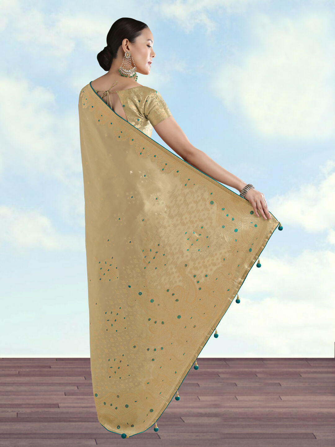 Cream Color Paisley Zari Woven Semi Banarasi Tissue Silk Saree | Shobitam