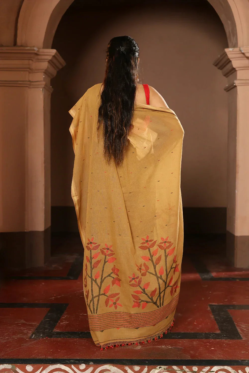 Handloom Peanut Brown Pure Cotton Jamdani Saree | Shobitam