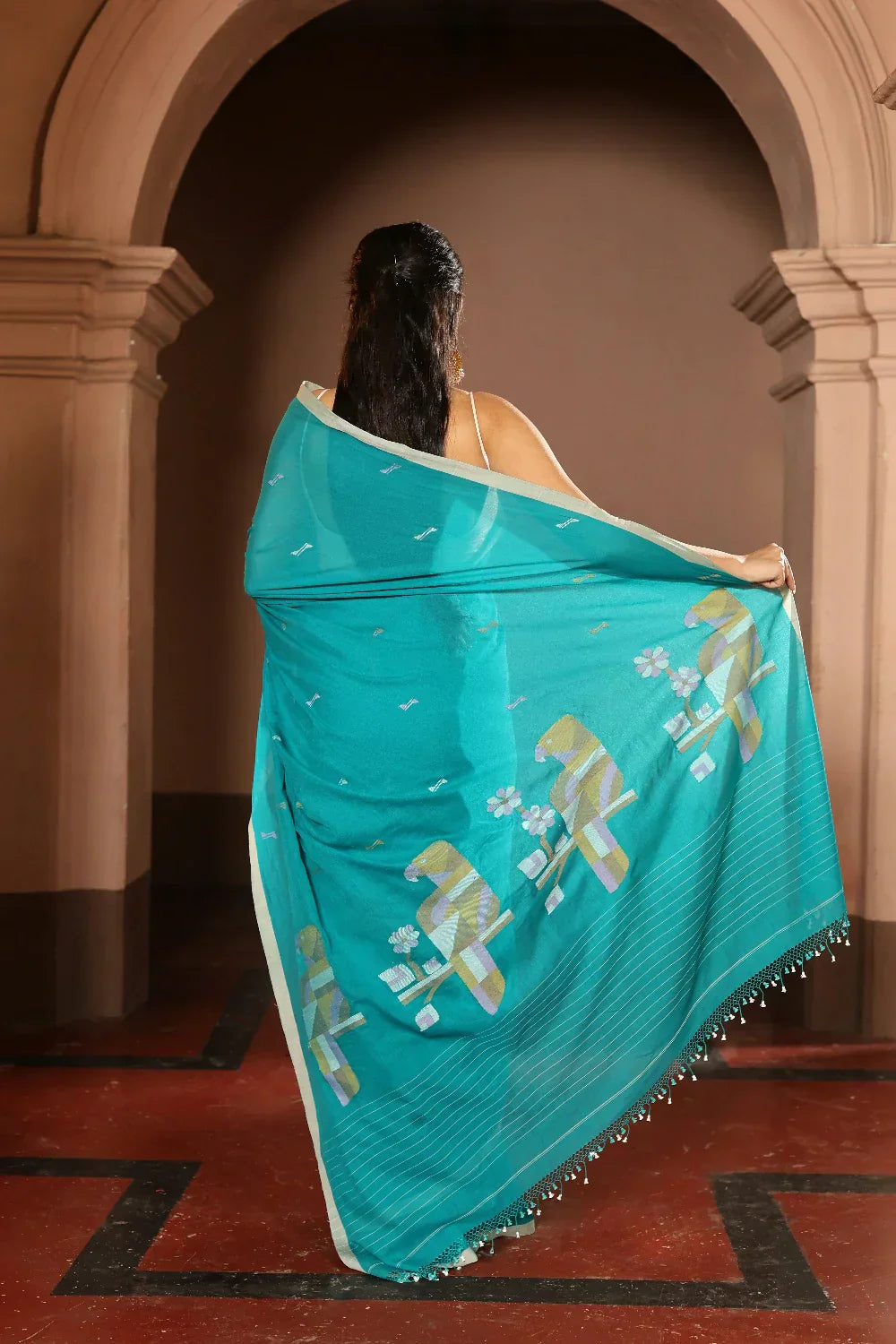 Handloom Teal Blue Pure Cotton Contemporary Jamdani Saree | Shobitam