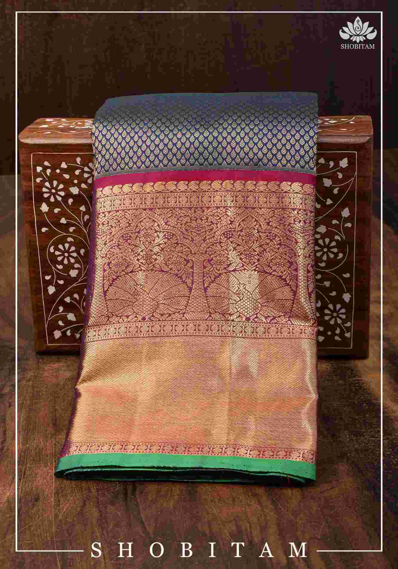 Exquisite Celebrity Special Brocade Gadwal Silk Saree in Prussian Blue gold with Wide Border | SILK MARK CERTIFIED Ready To Wear Saree