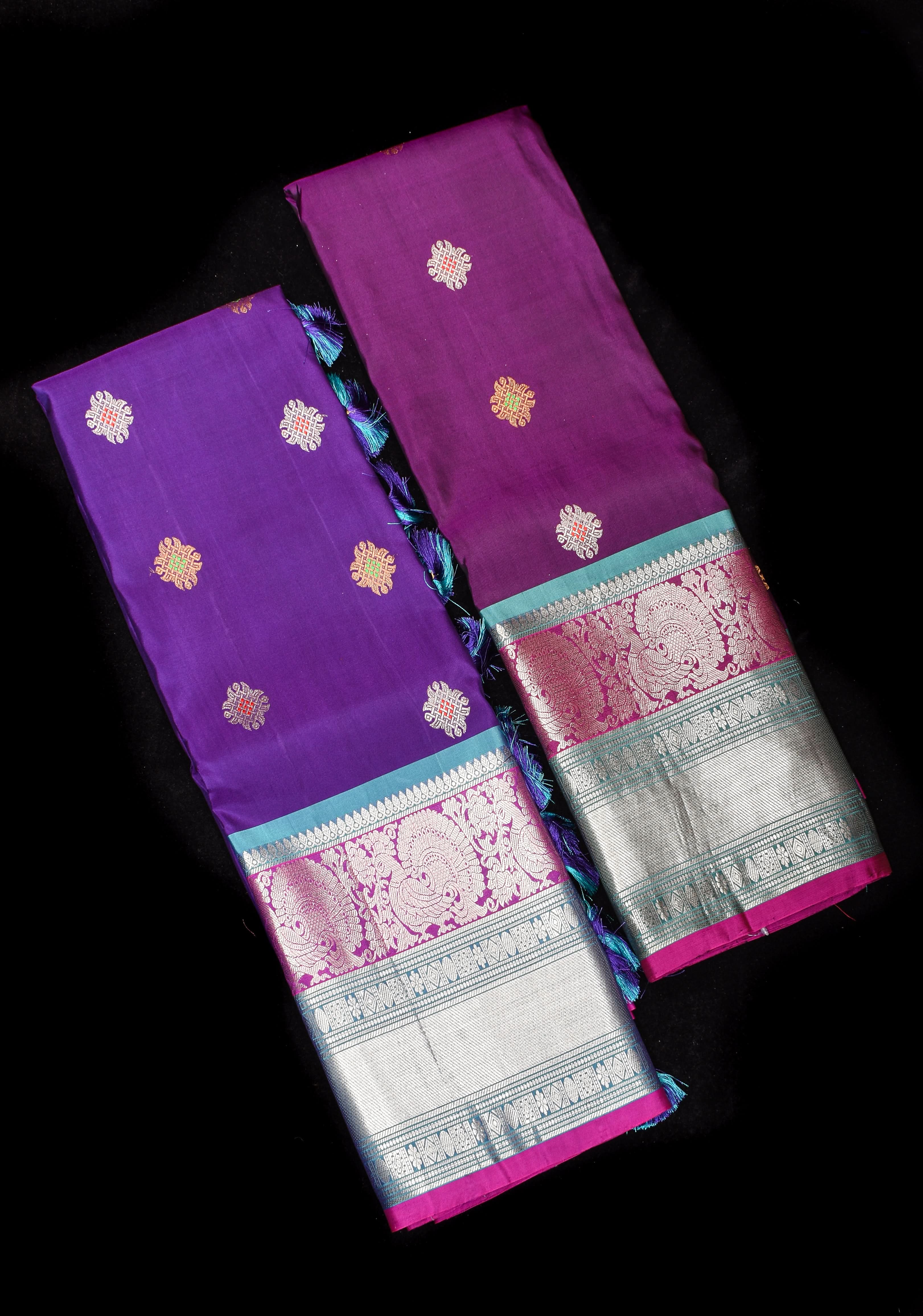 Muggu Design Meenakari Gadwal Silk Saree in Purple with Two Tone Border | SILK MARK CERTIFIED | Shobitam