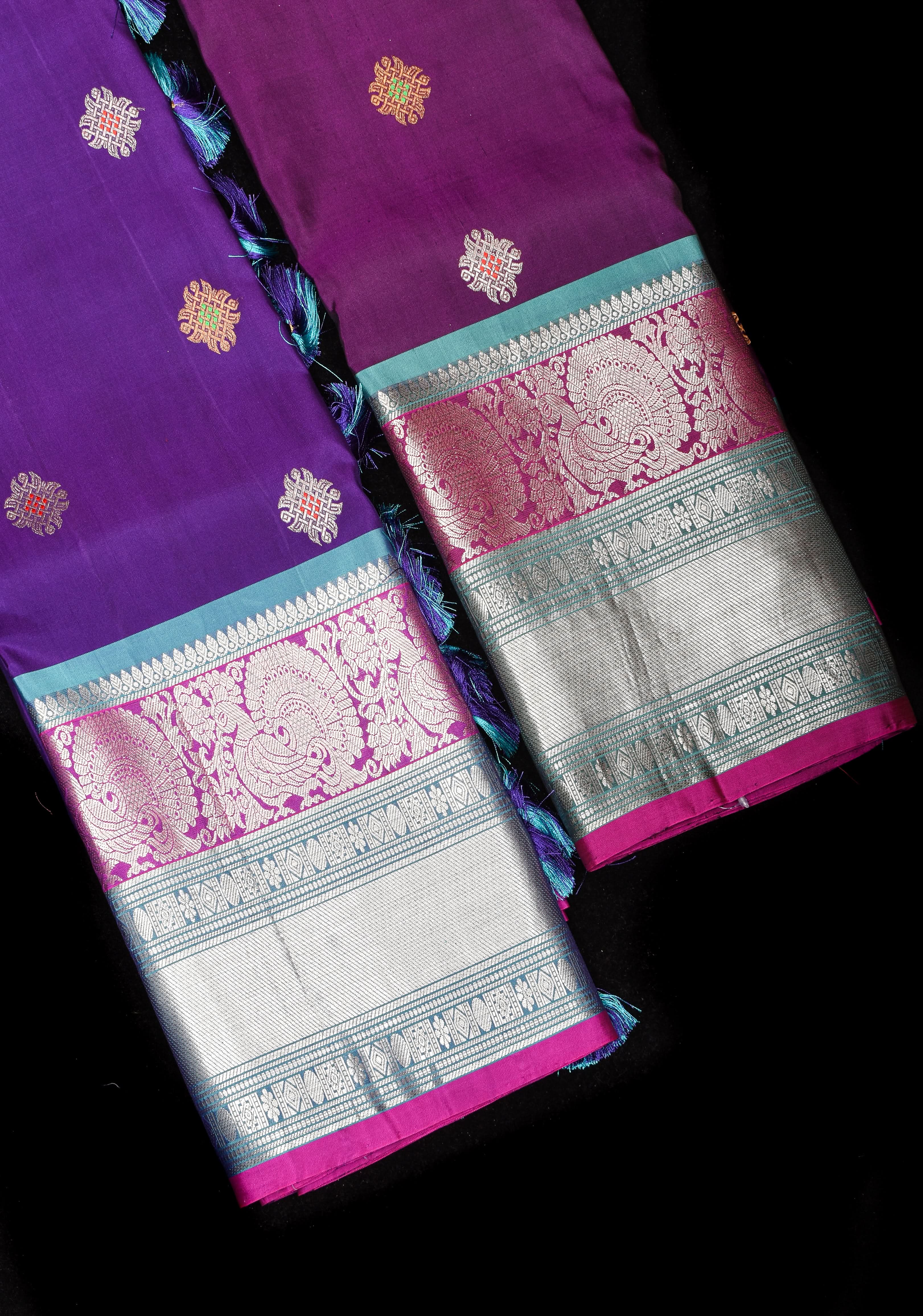 Muggu Design Meenakari Gadwal Silk Saree in Purple with Two Tone Border | SILK MARK CERTIFIED | Shobitam