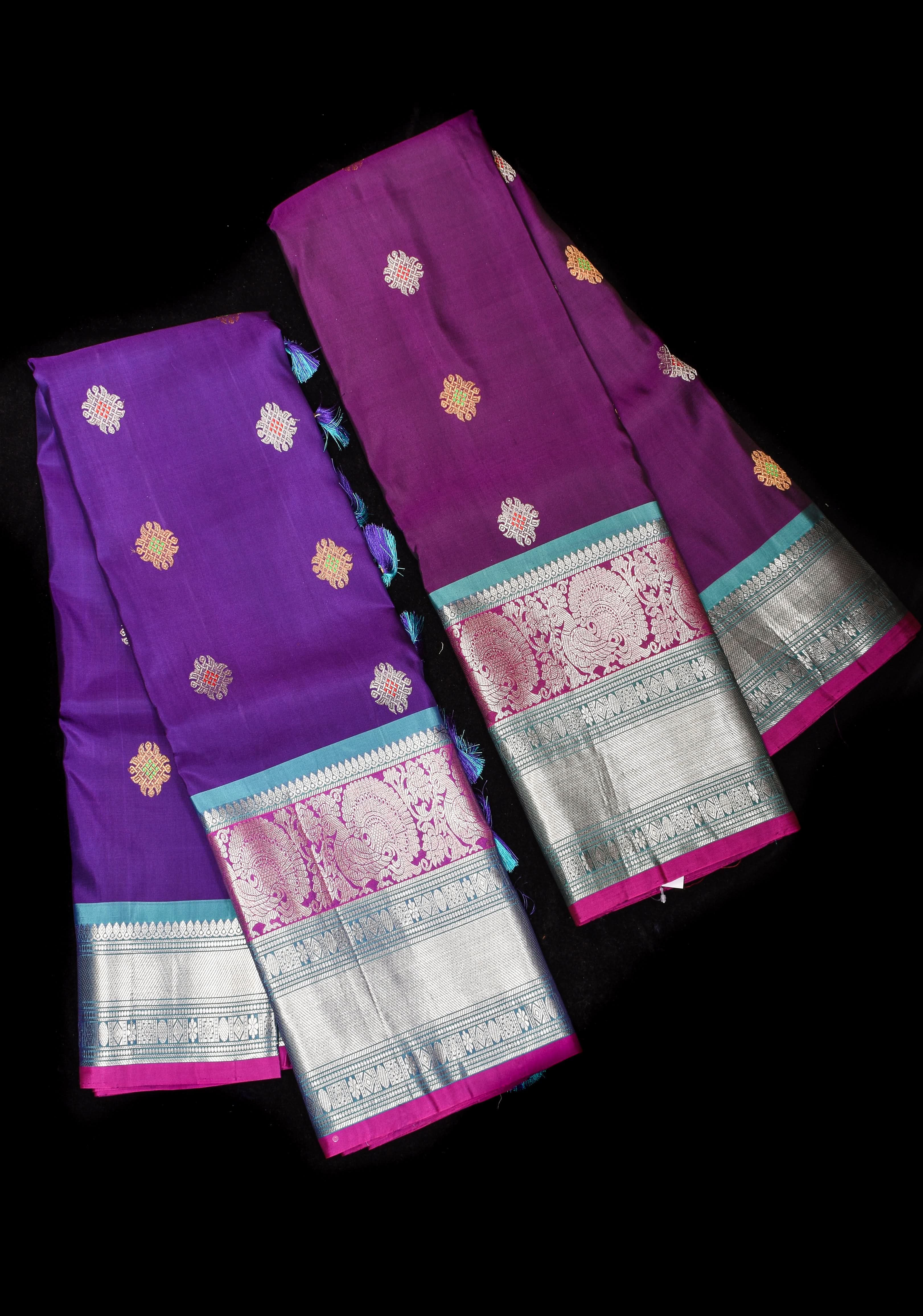 Muggu Design Meenakari Gadwal Silk Saree in Purple with Two Tone Border | SILK MARK CERTIFIED | Shobitam