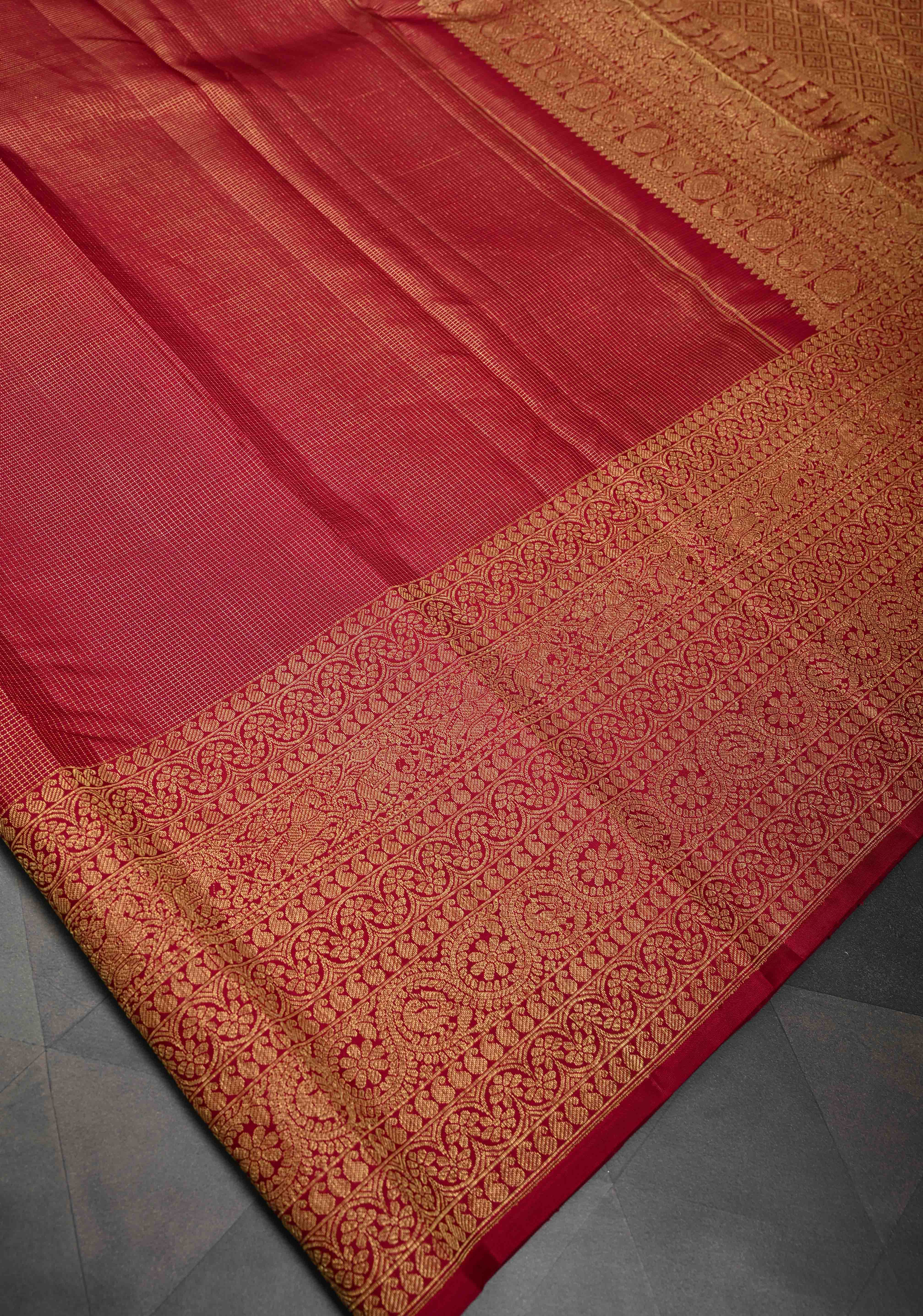 Stunning Brick Red Gadwal Silk Saree with Podi-Kattam Zari Checks and Wide Zari Border | SILK MARK CERTIFIED | SHOBITAM