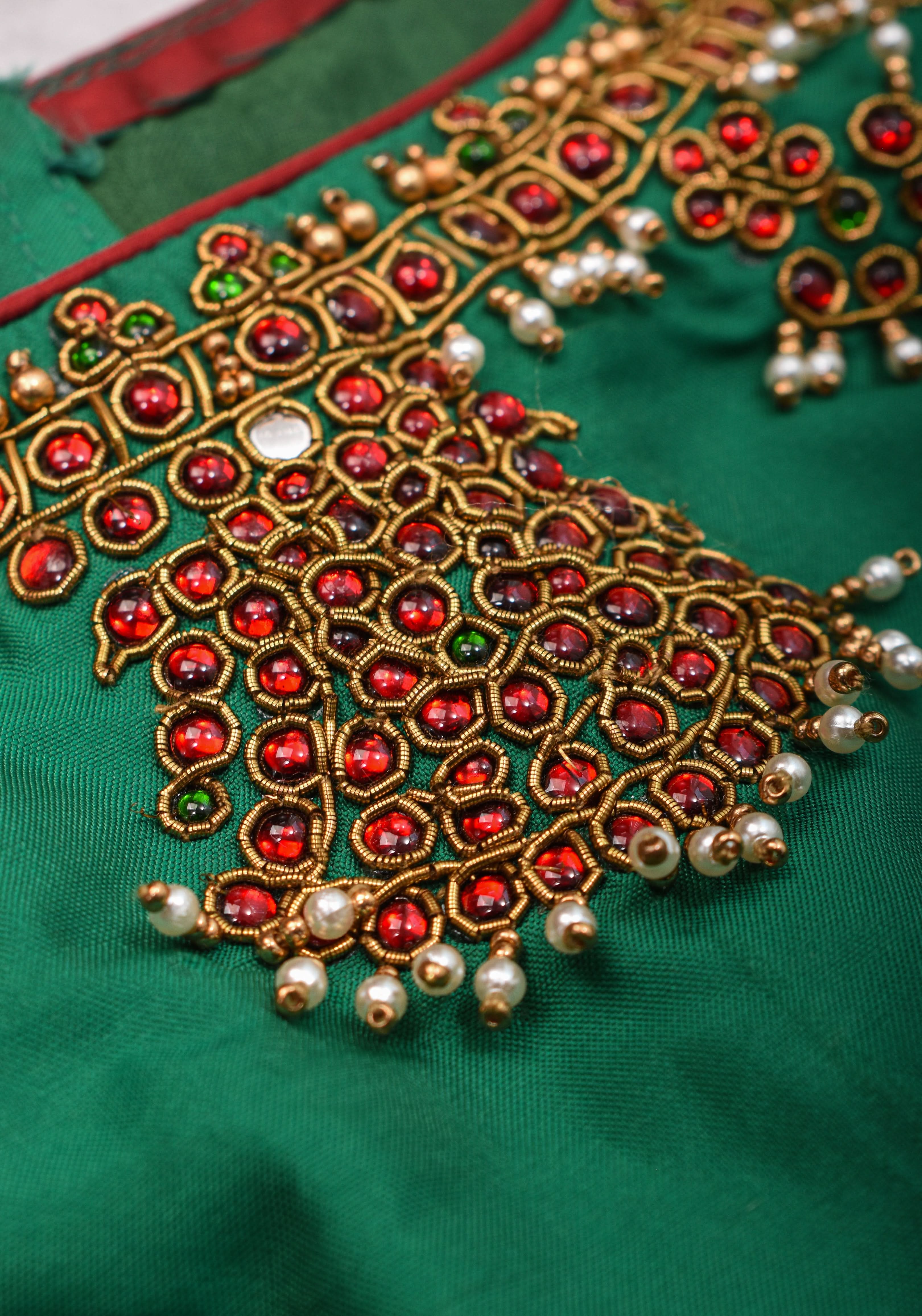 Custom Made: Necklace Design Jadau Ornamental Sleeveless Blouse in SIlk | Shobitam Blouse