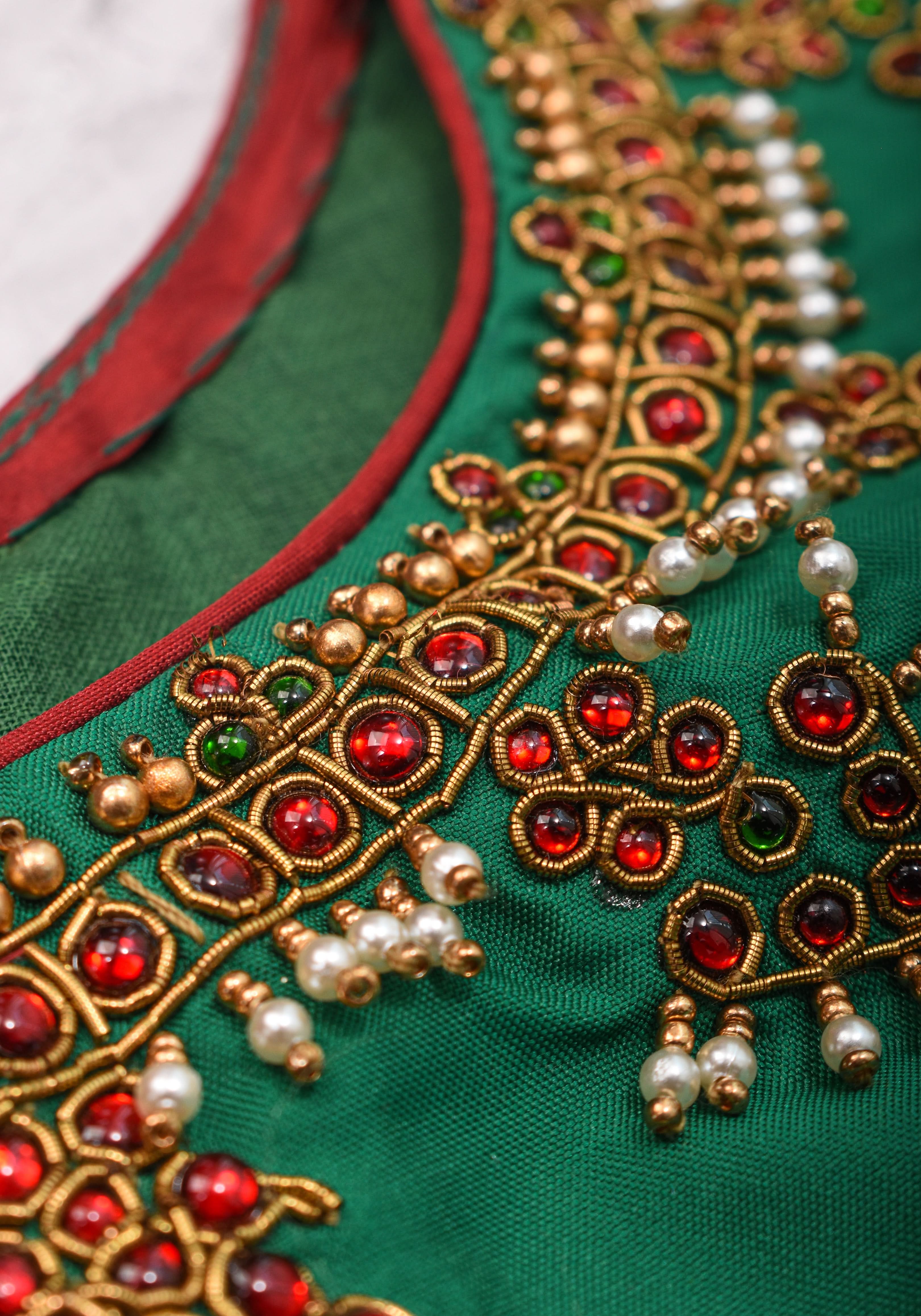 Custom Made: Necklace Design Jadau Ornamental Sleeveless Blouse in SIlk | Shobitam Blouse
