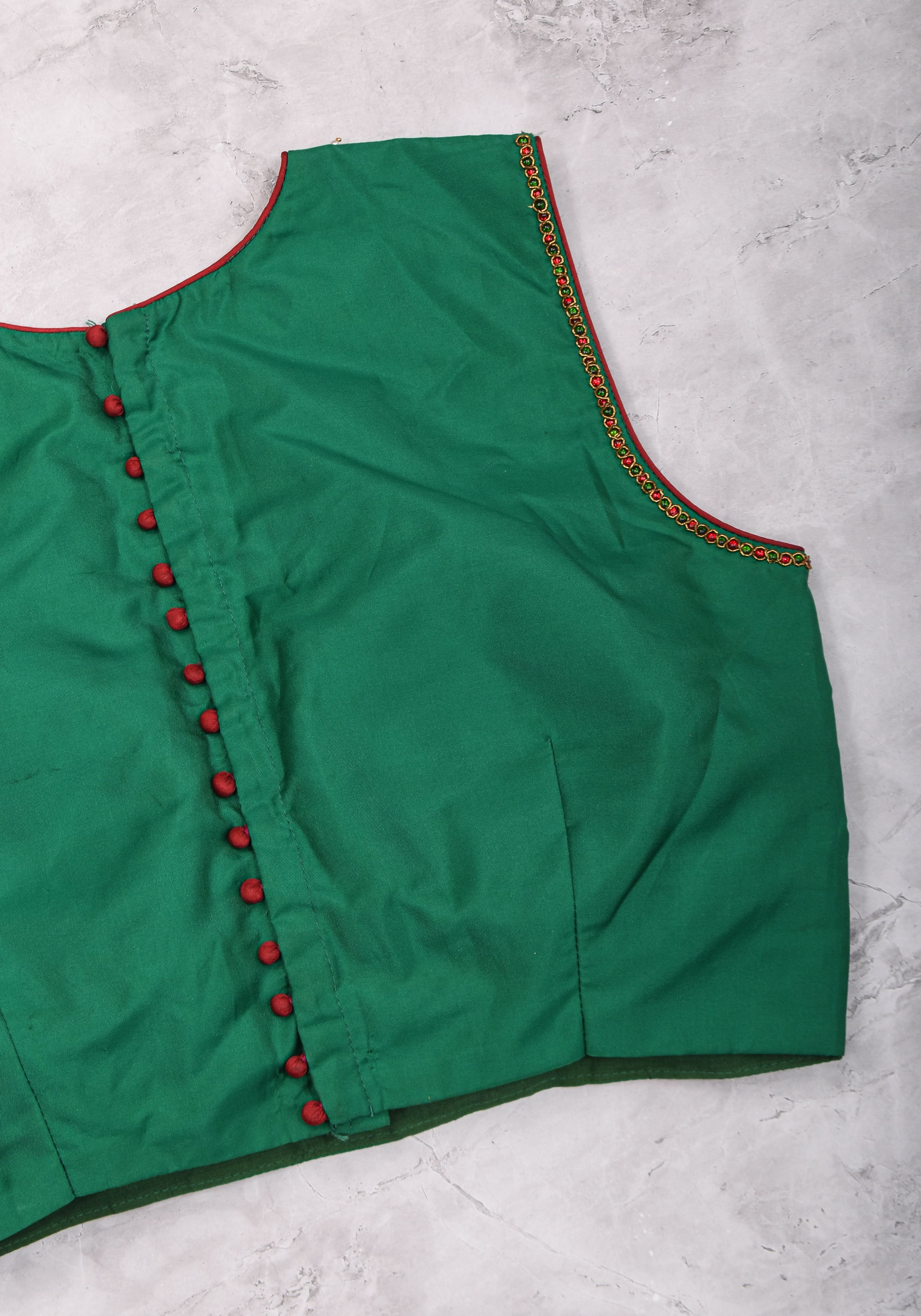 Custom Made: Necklace Design Jadau Ornamental Sleeveless Blouse in SIlk | Shobitam Blouse