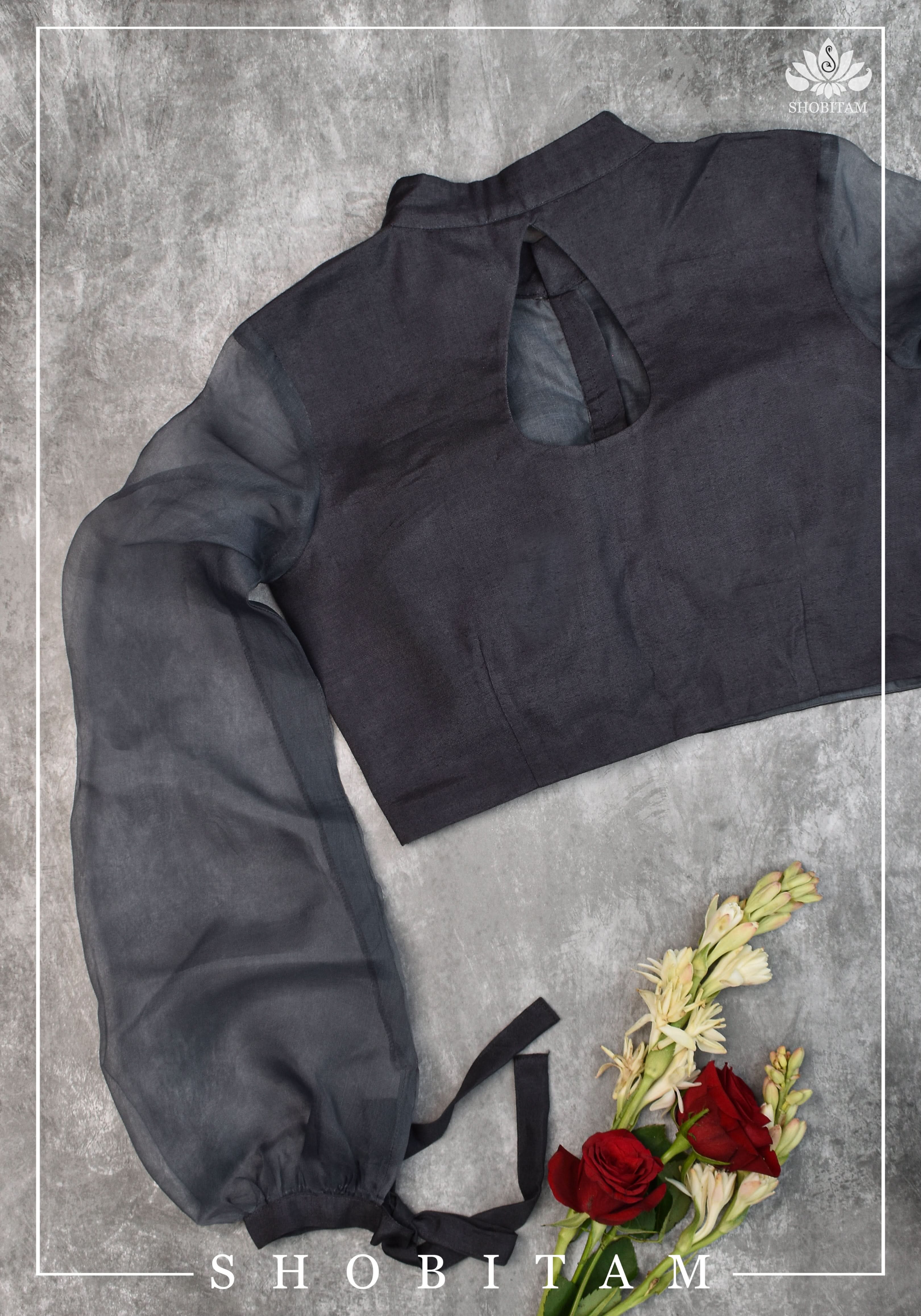 Gray rayon Chinese collar blouse with pure organza bishop sleeves - Mix and Match Blouse for saree | Shobitam