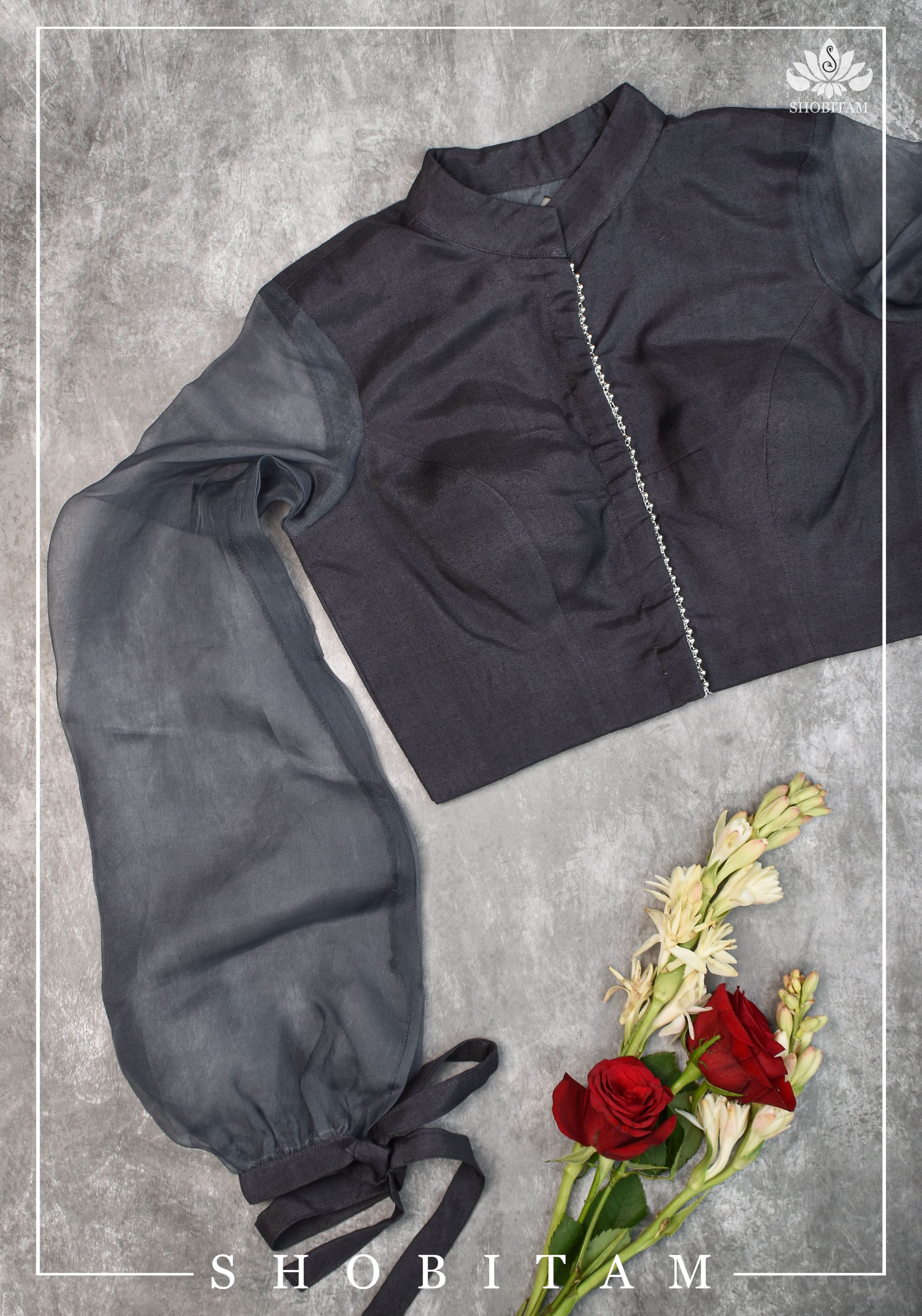 Gray rayon Chinese collar blouse with pure organza bishop sleeves - Mix and Match Blouse for saree | Shobitam