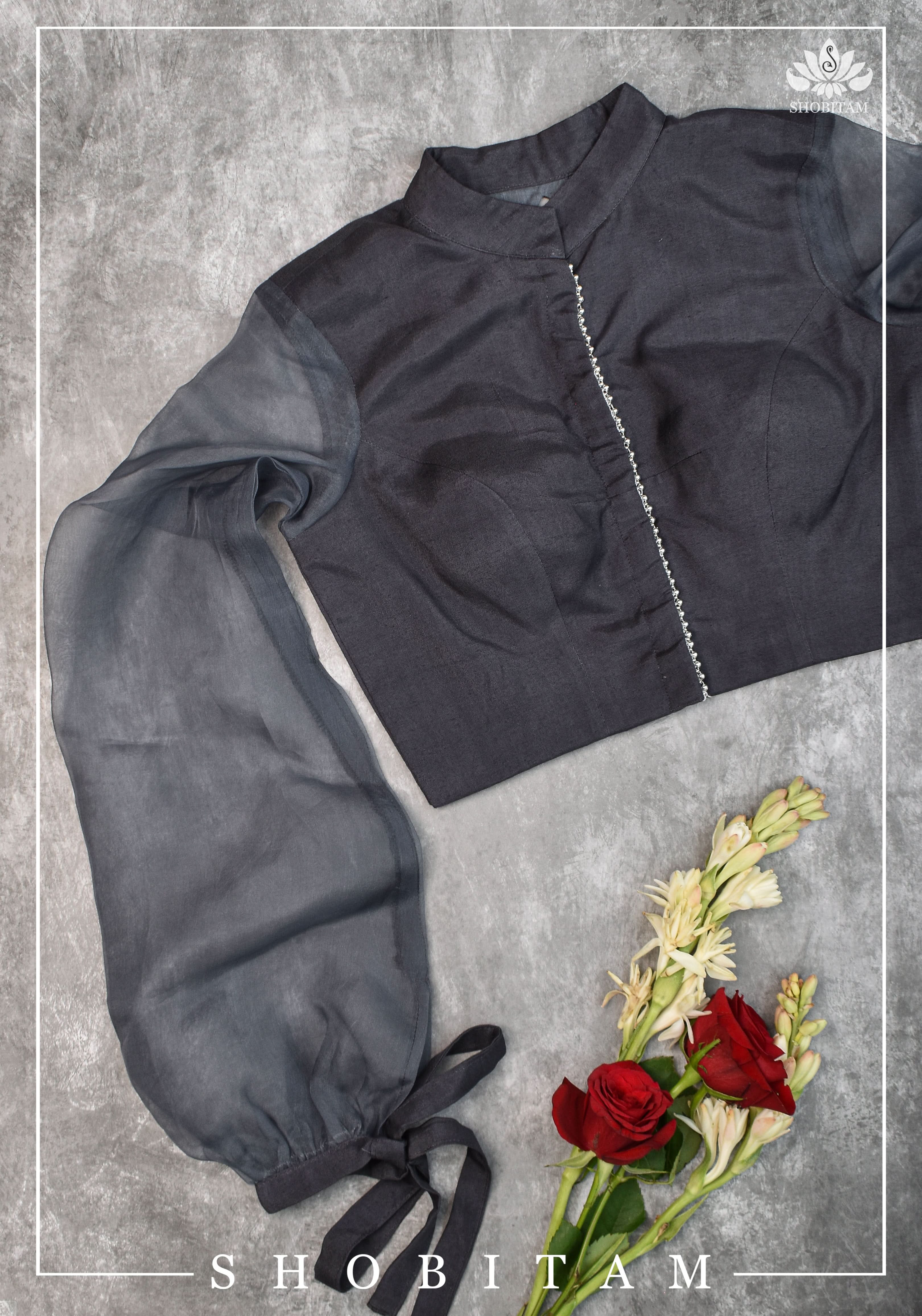 Gray rayon Chinese collar blouse with pure organza bishop sleeves - Mix and Match Blouse for saree | Shobitam